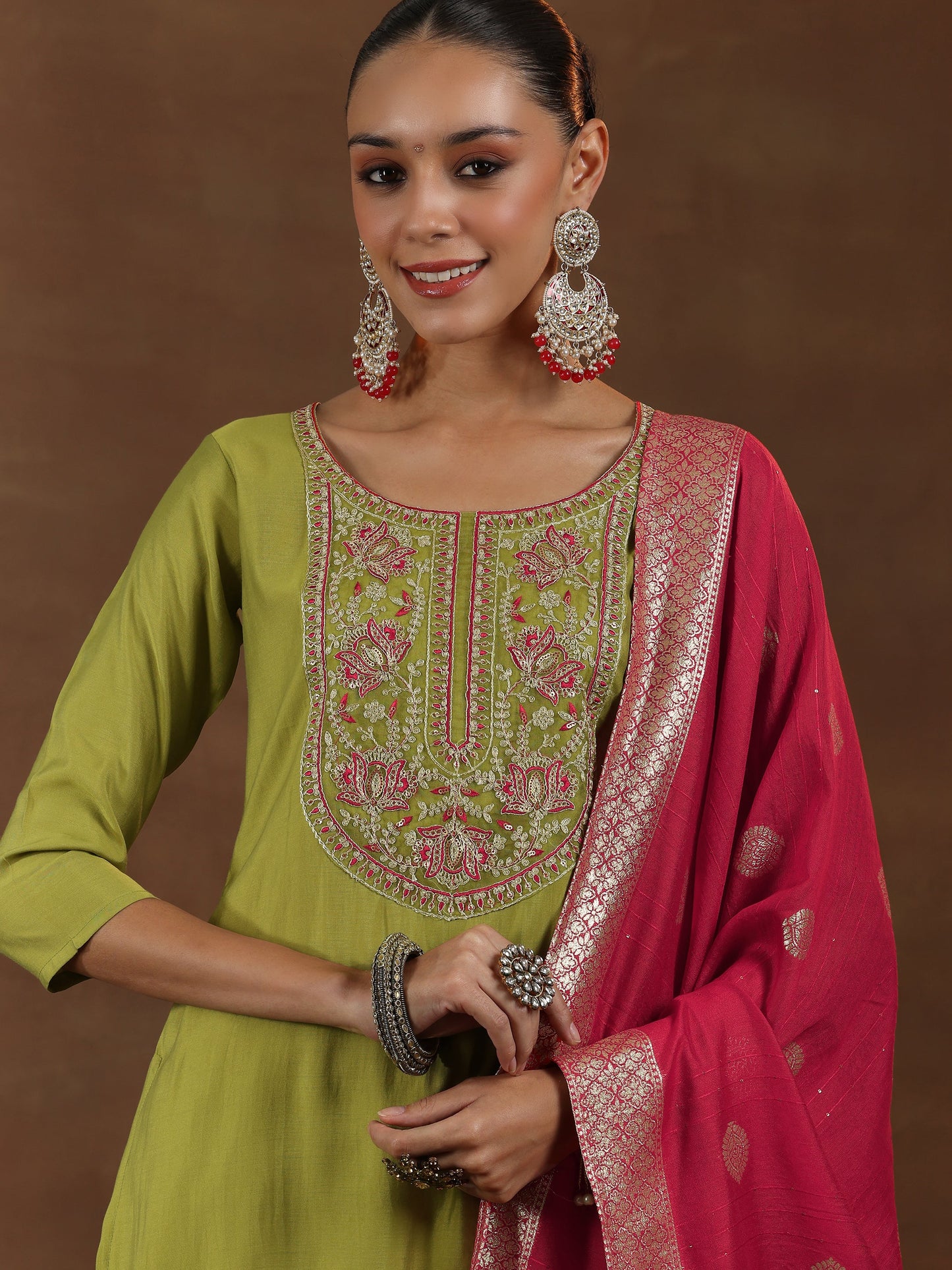Green Yoke Design Silk Blend Straight Suit With Dupatta
