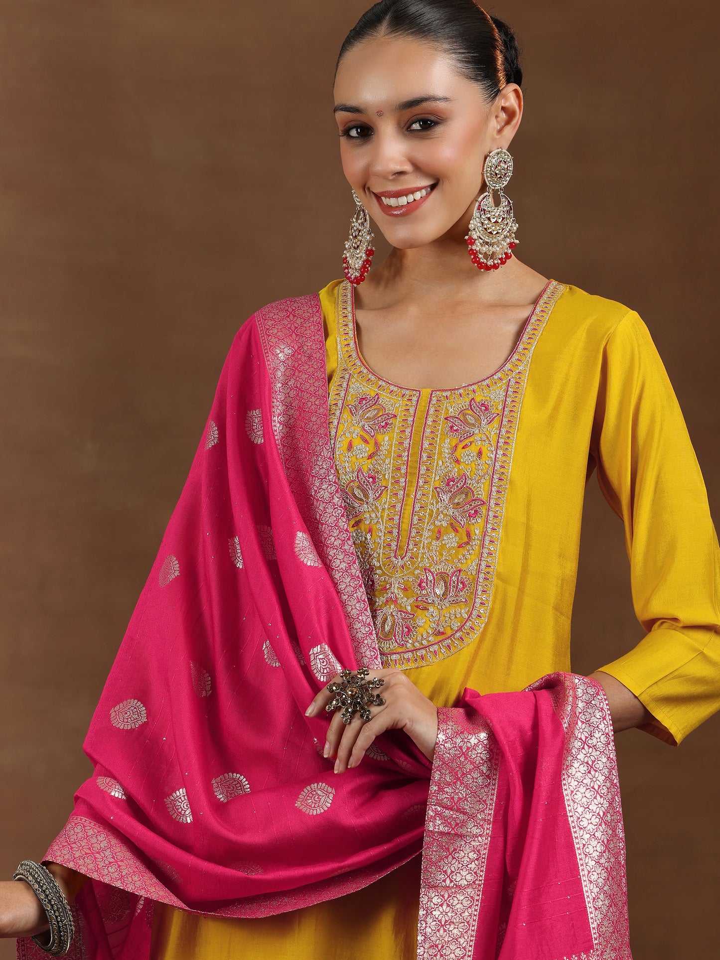 Mustard Yoke Design Silk Blend Straight Suit With Dupatta
