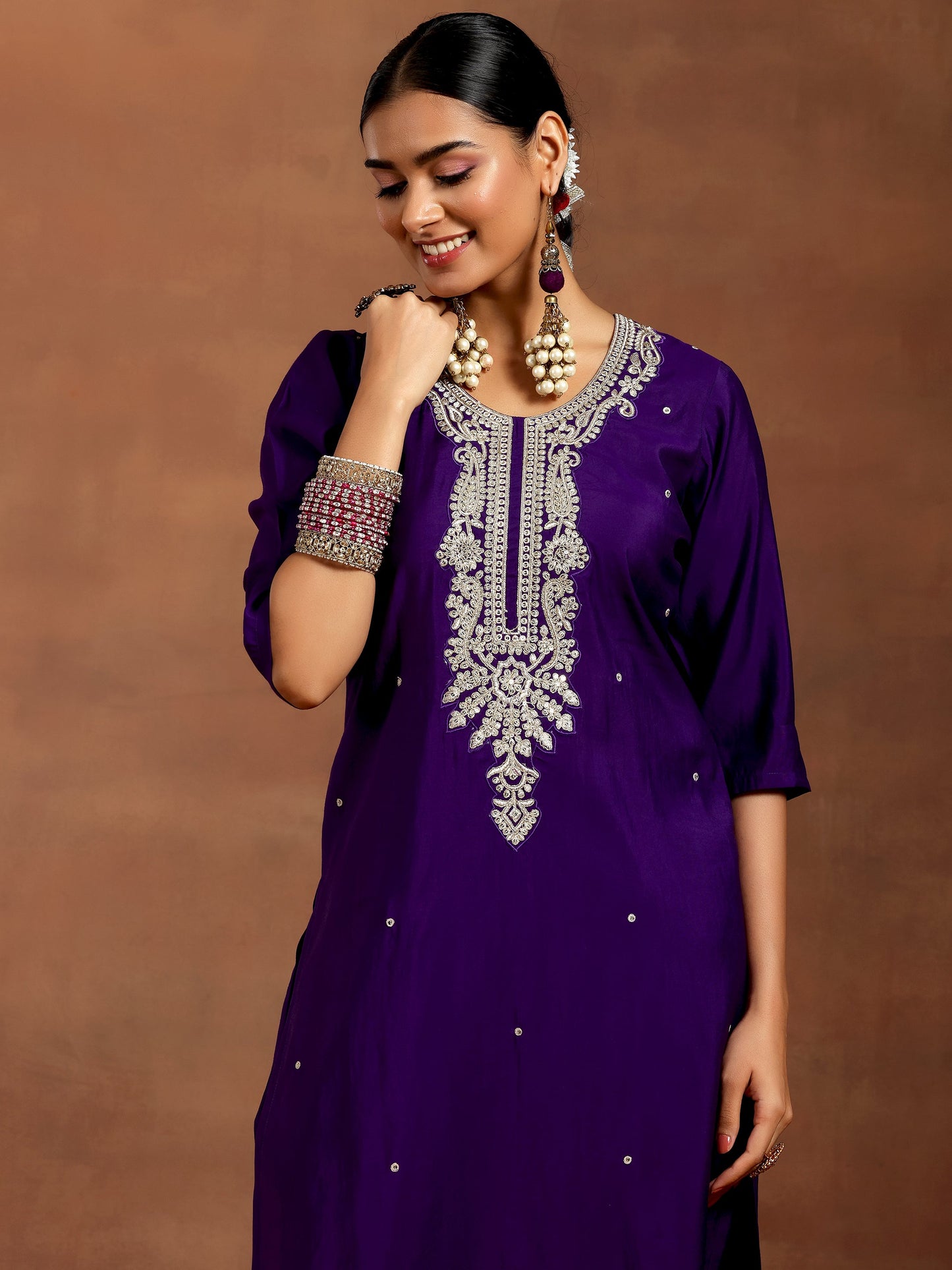 Purple Embroidered Silk Blend Straight Suit With Dupatta