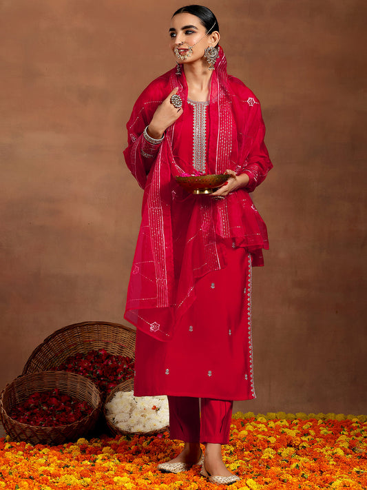 Red Embroidered Silk Blend Straight Suit With Dupatta