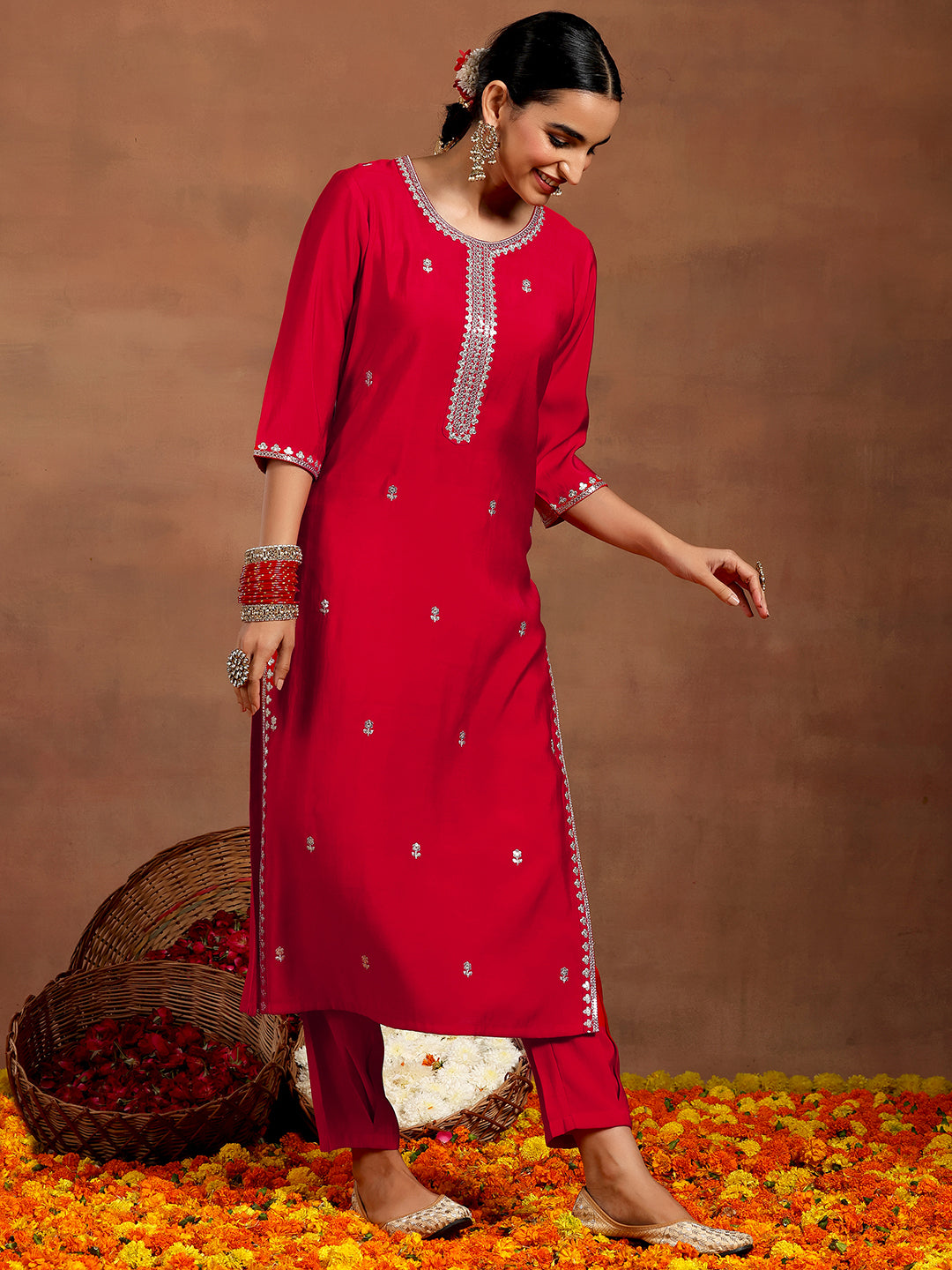 Red Embroidered Silk Blend Straight Suit With Dupatta
