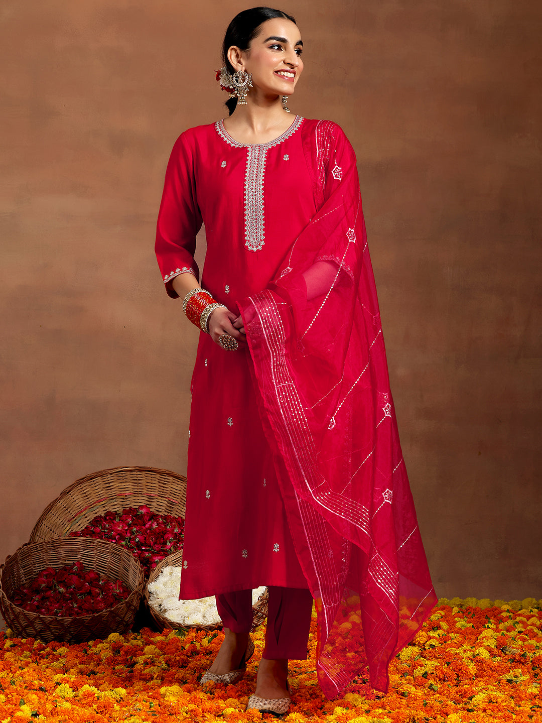 Red Embroidered Silk Blend Straight Suit With Dupatta