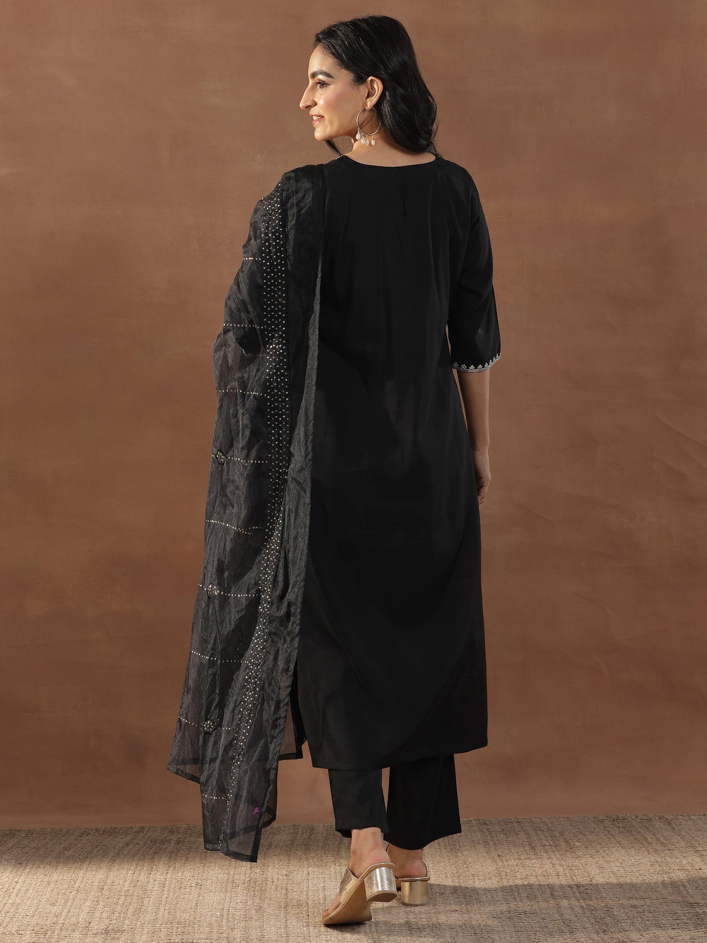 Black Embroidered Silk Blend Straight Suit Set With Dupatta