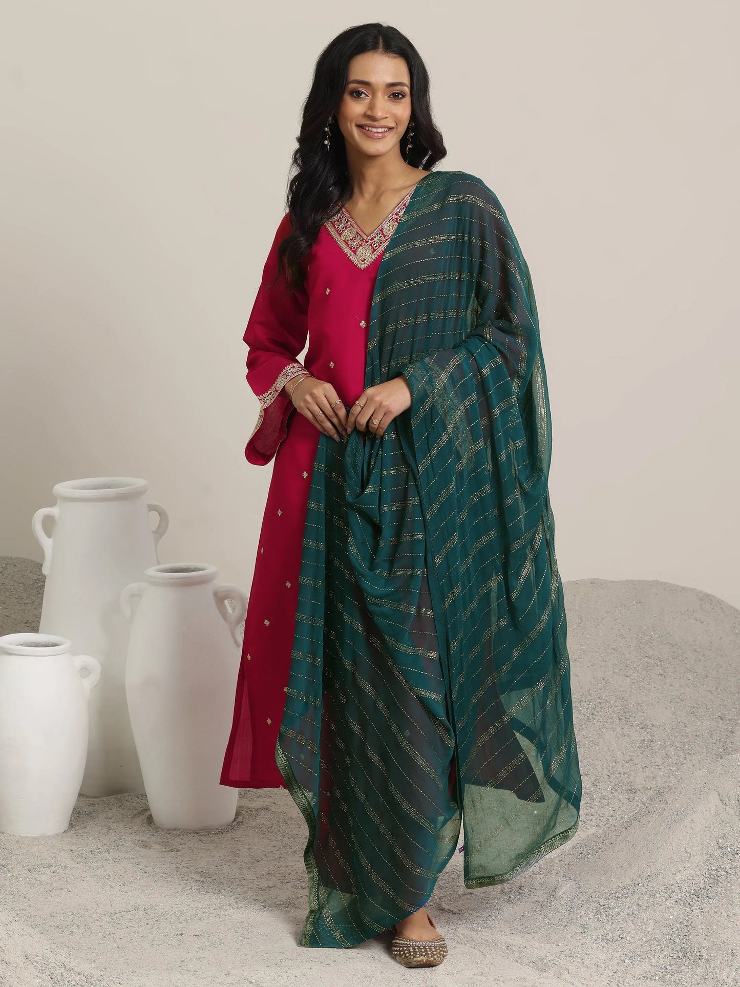 Red Embroidered Silk Blend Straight Suit Set With Dupatta