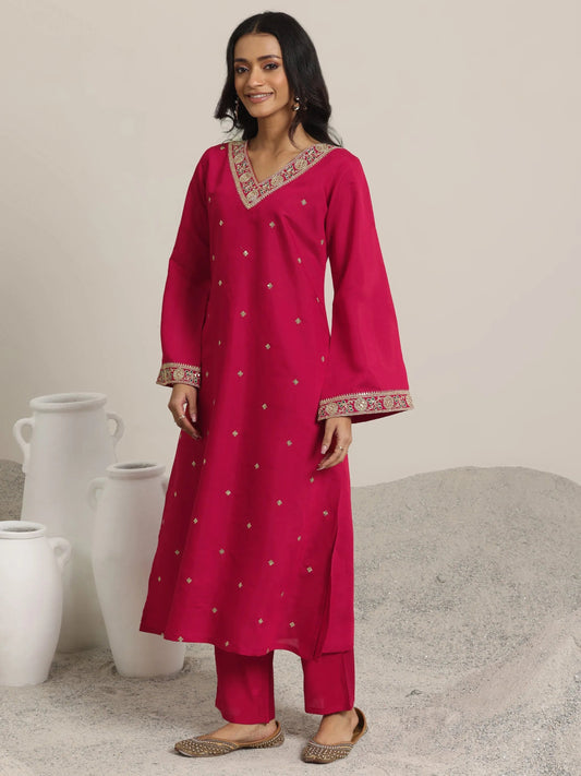 Red Embroidered Silk Blend Straight Suit Set With Dupatta