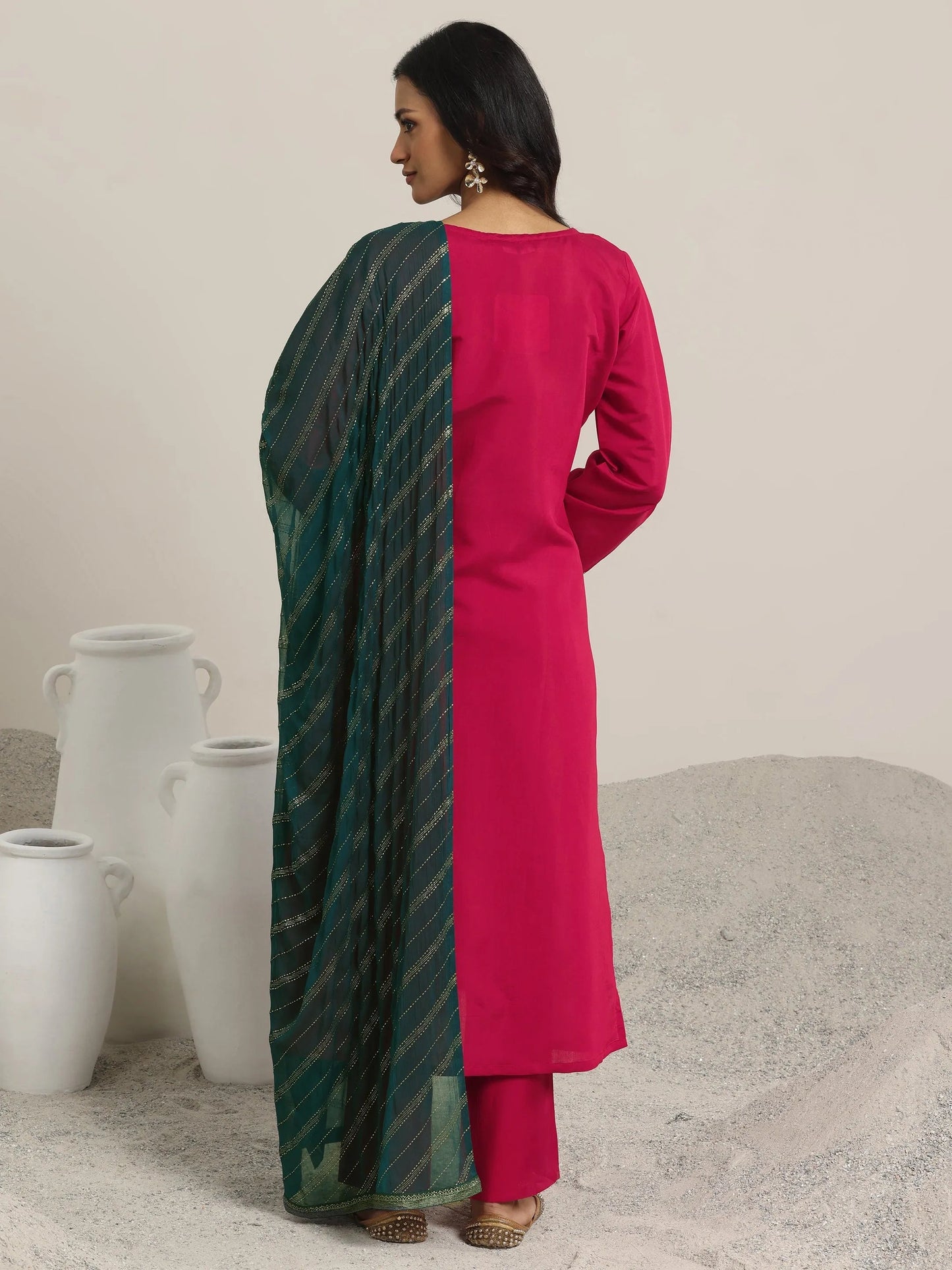 Red Embroidered Silk Blend Straight Suit Set With Dupatta