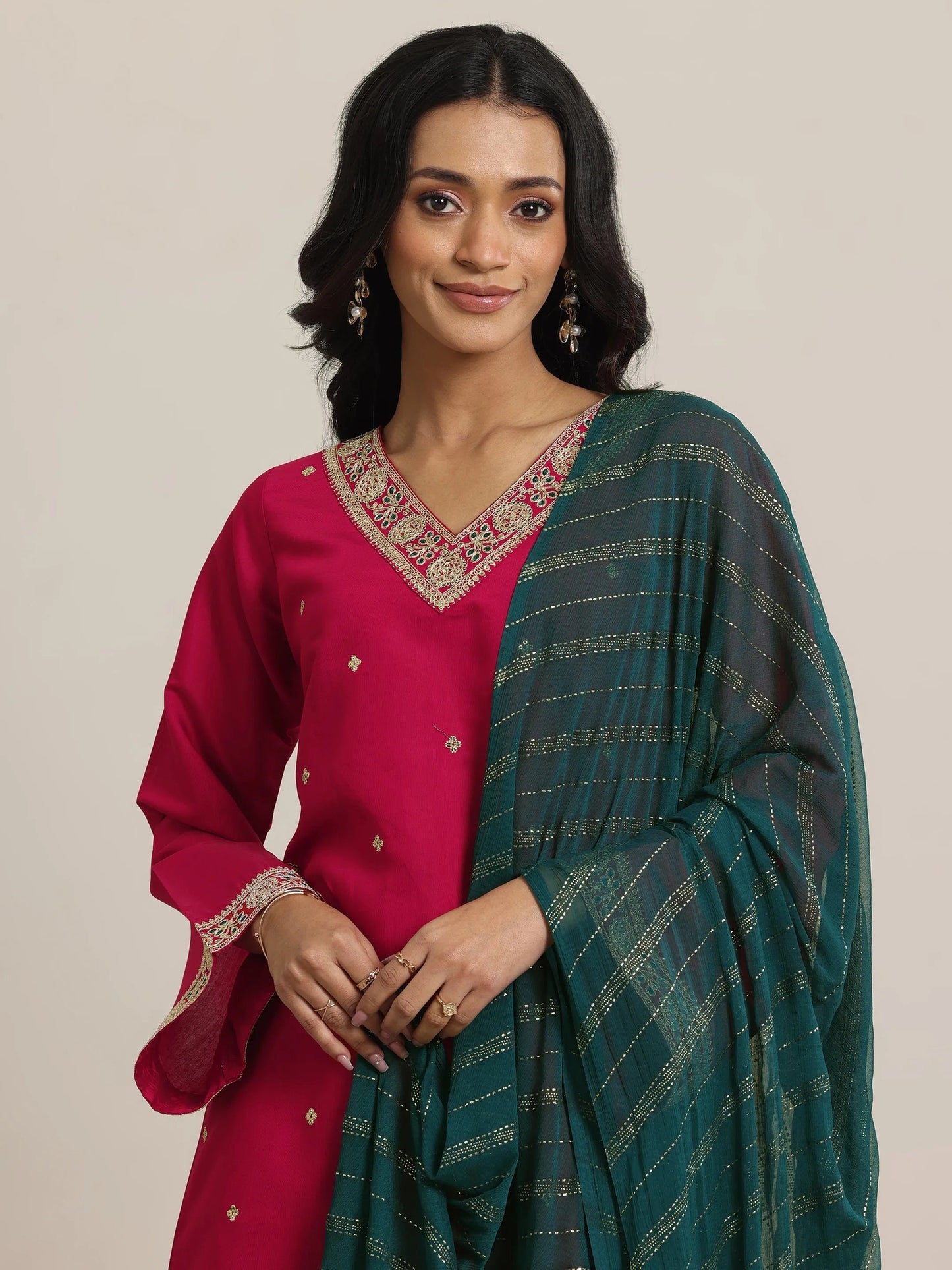 Red Embroidered Silk Blend Straight Suit Set With Dupatta