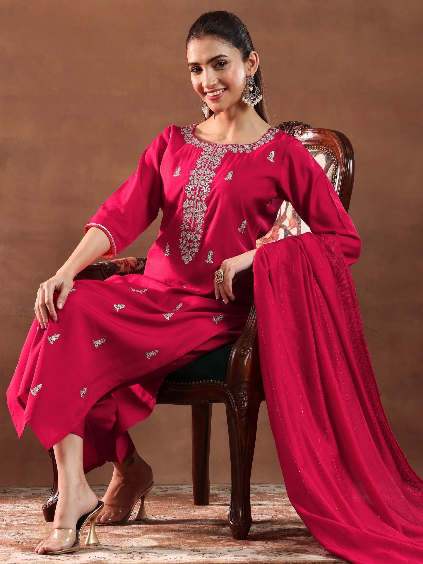 Red Embroidered Silk Blend Straight Suit With Dupatta-color issue