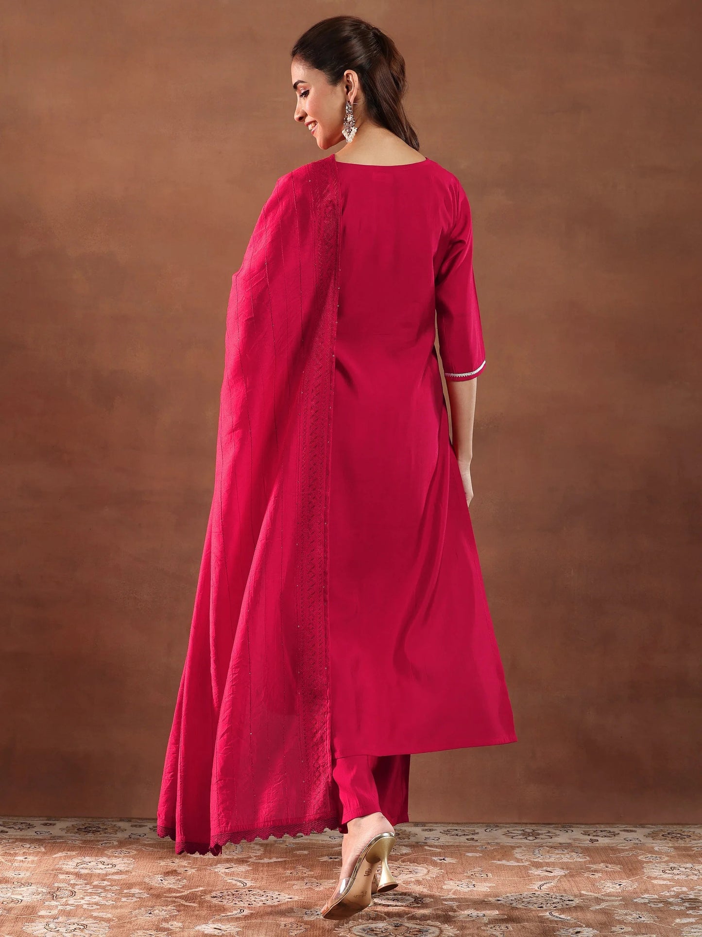 Red Embroidered Silk Blend Straight Suit With Dupatta-color issue