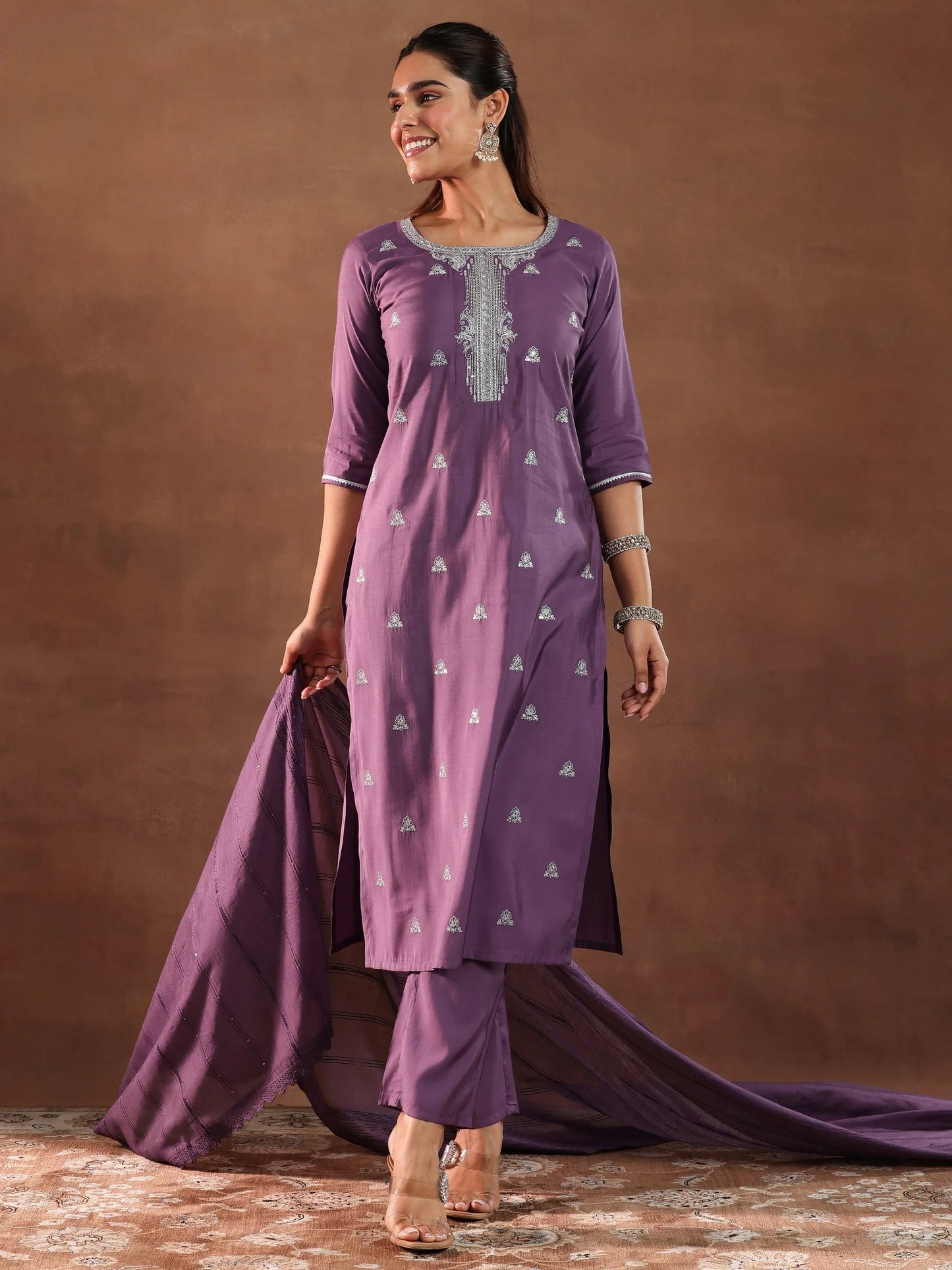 Mauve Embroidered Silk Blend Straight Suit With Dupatta