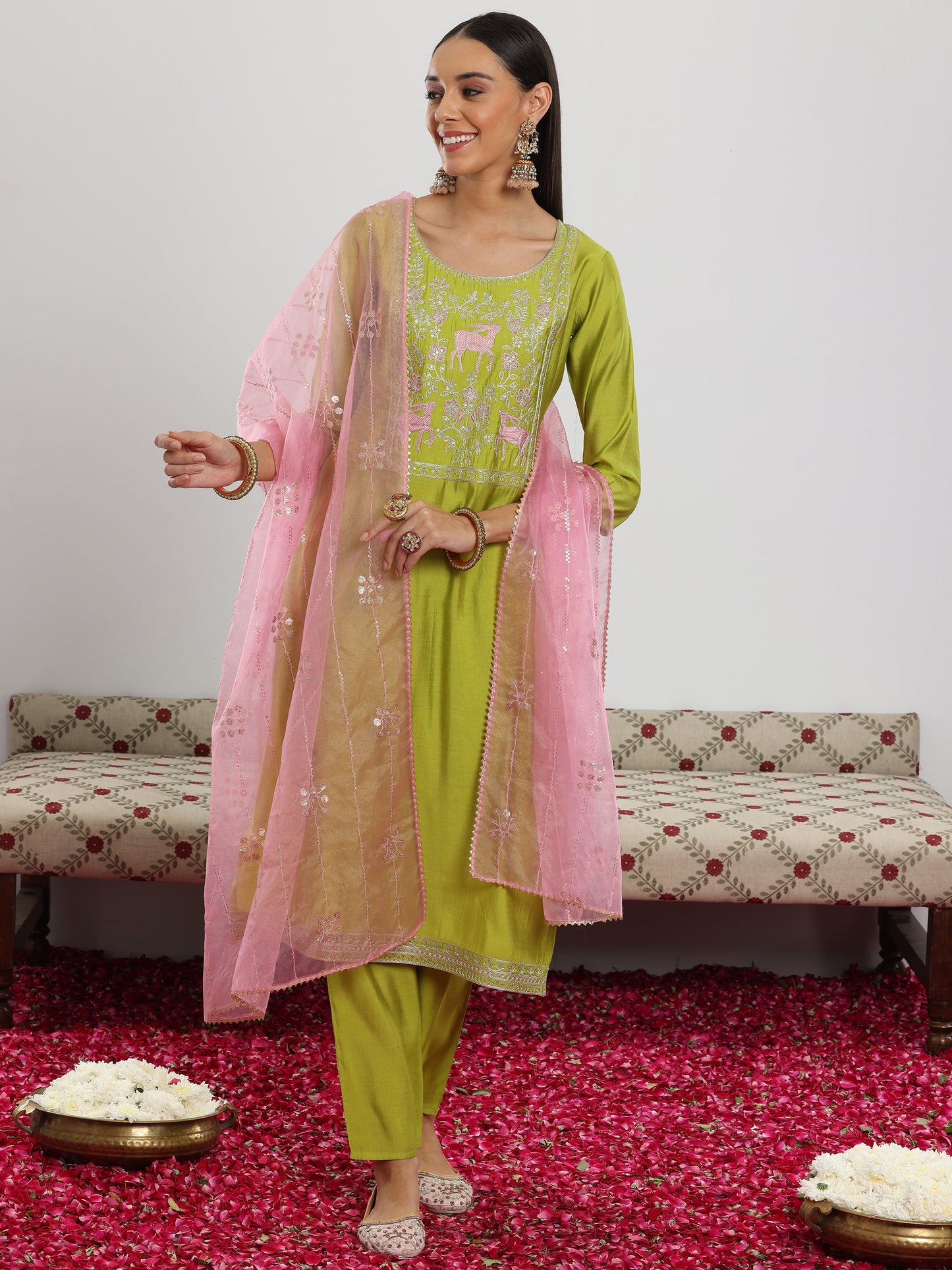 Green Yoke Design Silk Blend Straight Suit Set With Dupatta