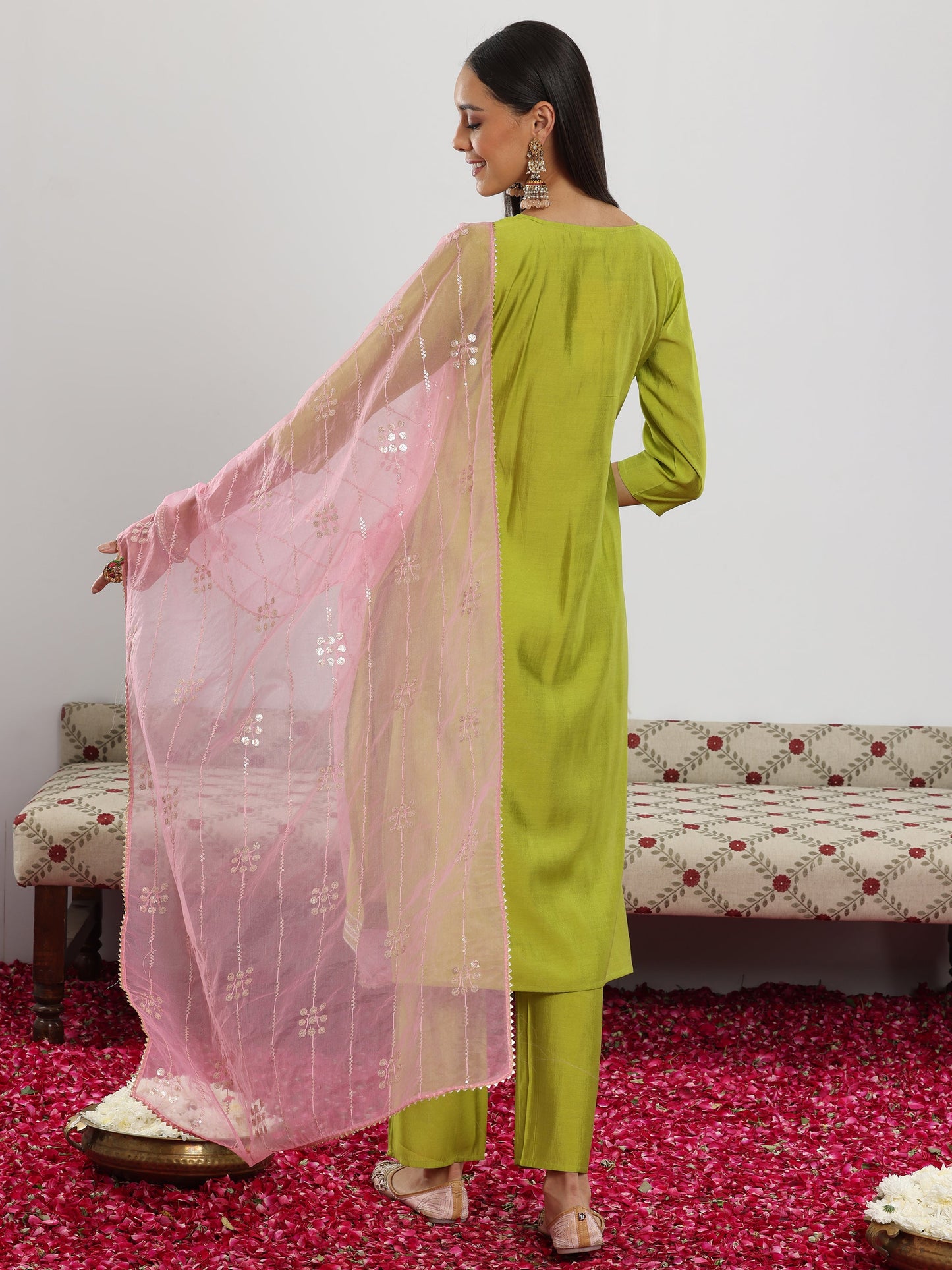 Green Yoke Design Silk Blend Straight Suit Set With Dupatta