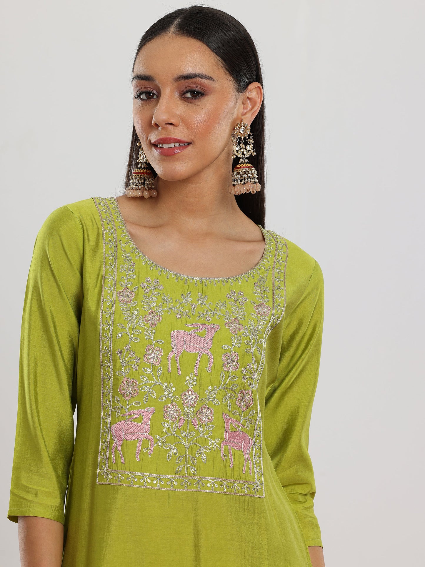 Green Yoke Design Silk Blend Straight Suit Set With Dupatta