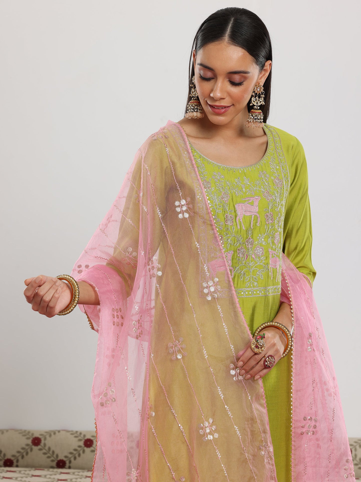 Green Yoke Design Silk Blend Straight Suit Set With Dupatta
