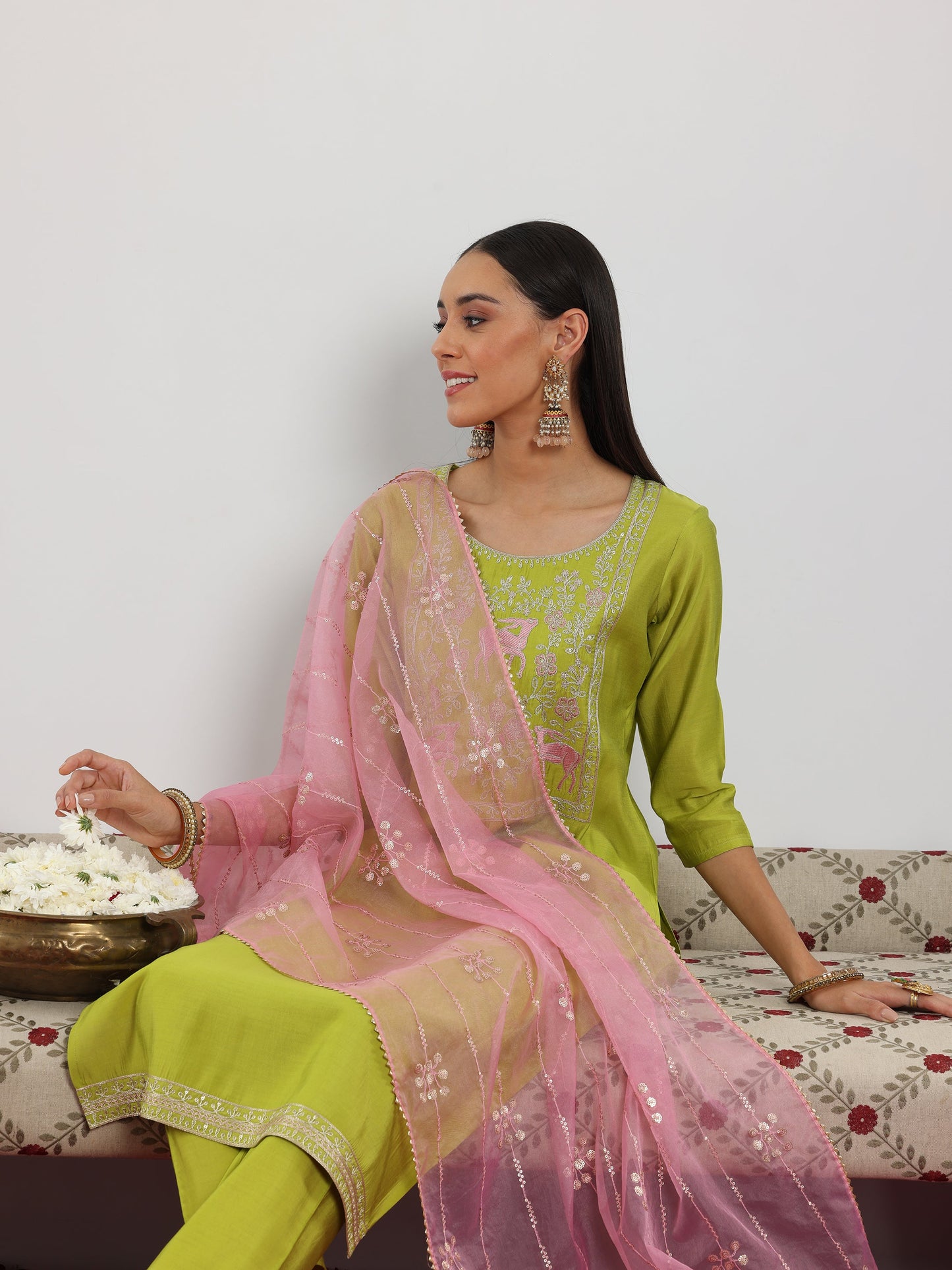 Green Yoke Design Silk Blend Straight Suit Set With Dupatta