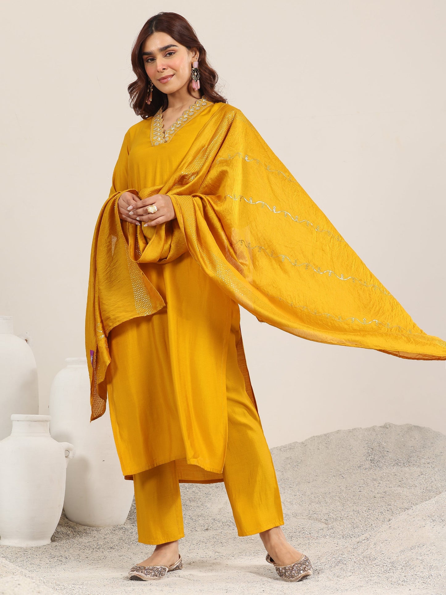 Mustard Yoke Design Silk Blend Straight Suit With Dupatta