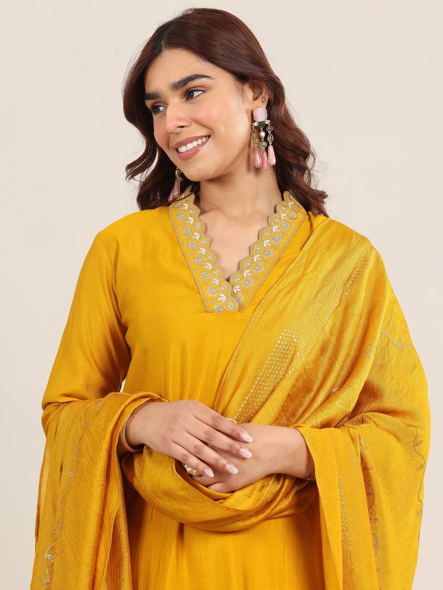 Mustard Yoke Design Silk Blend Straight Suit With Dupatta