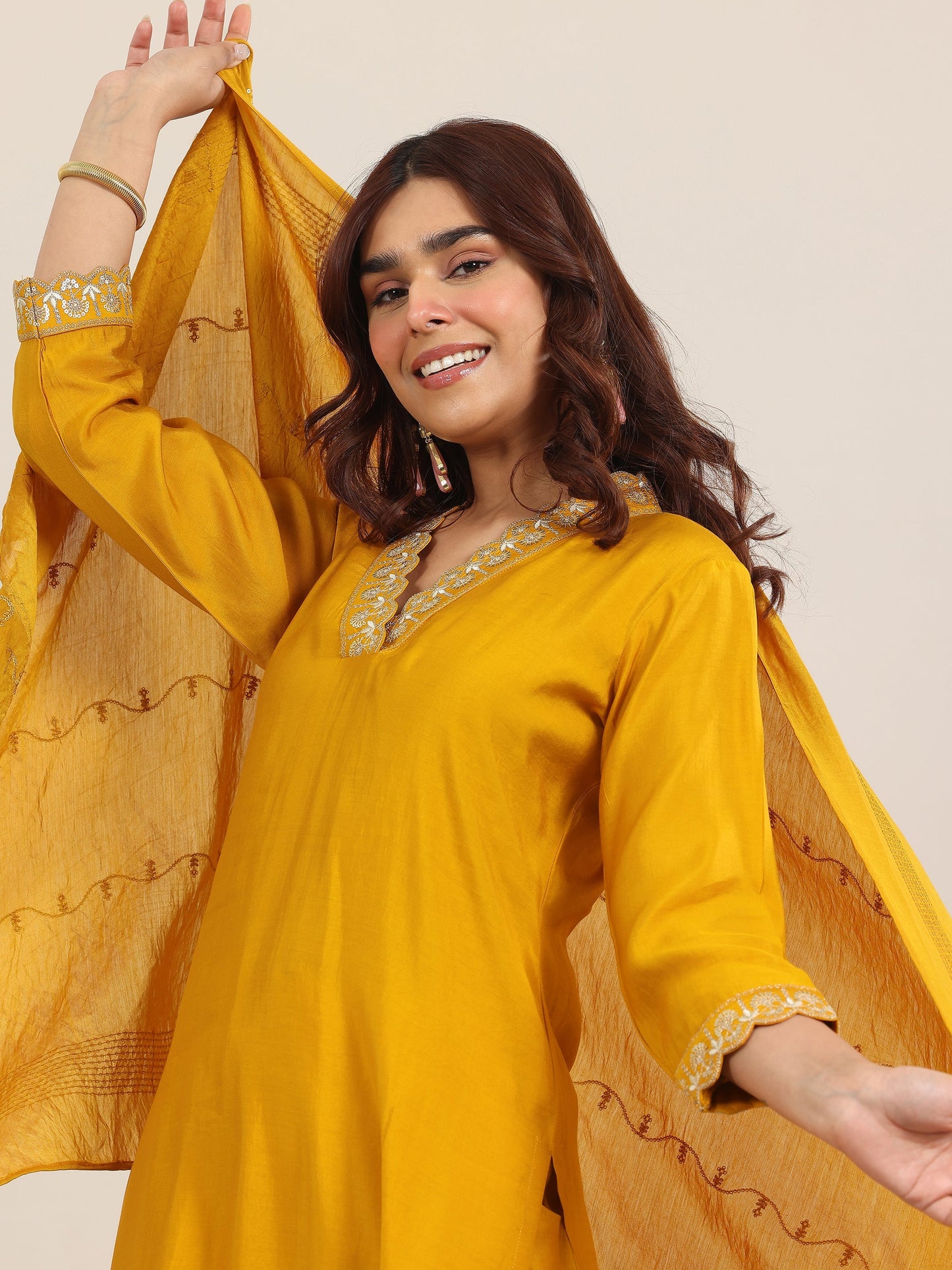 Mustard Yoke Design Silk Blend Straight Suit With Dupatta