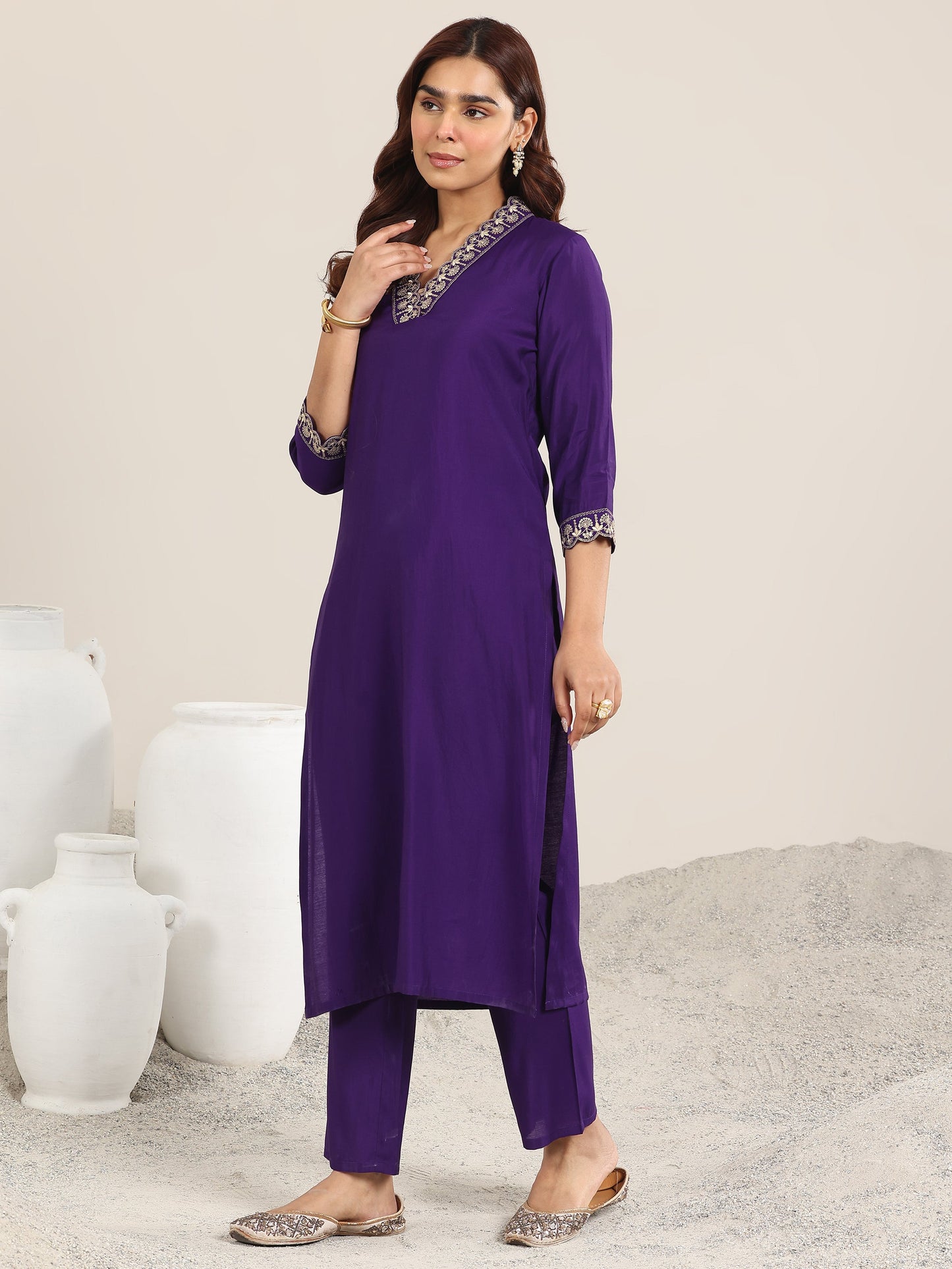 Purple Yoke Design Silk Blend Straight Suit With Dupatta