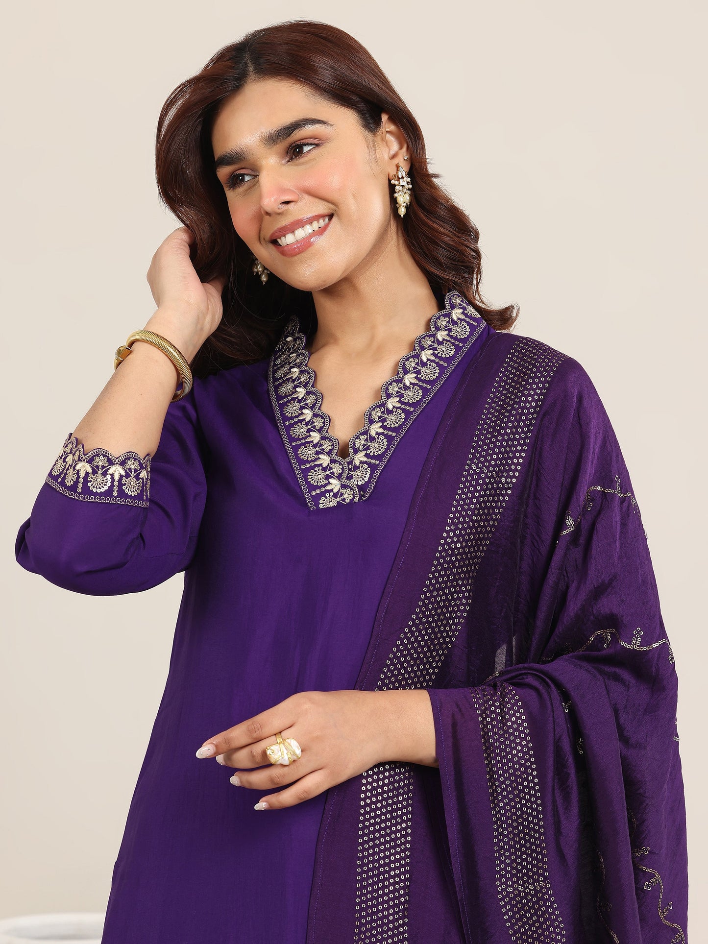 Purple Yoke Design Silk Blend Straight Suit With Dupatta
