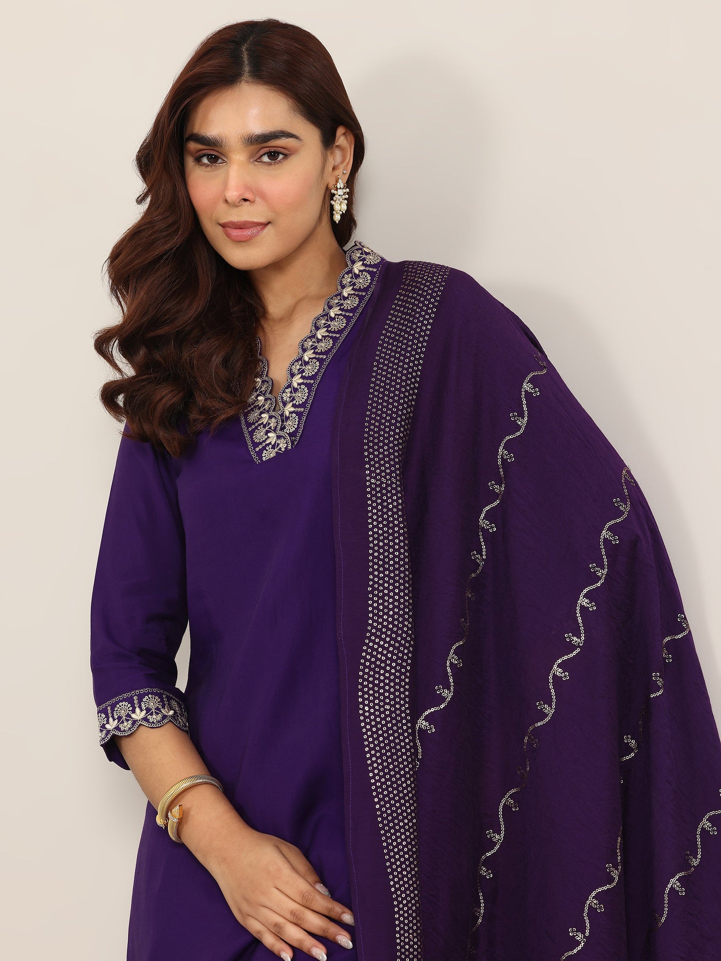 Purple Yoke Design Silk Blend Straight Suit With Dupatta
