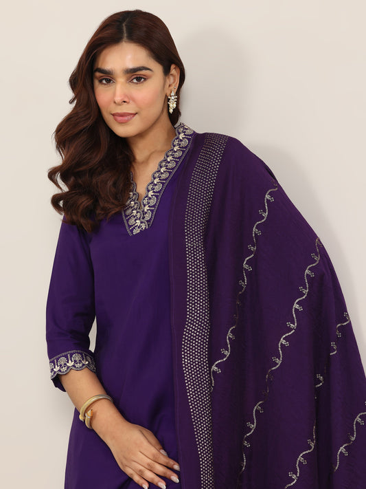 Purple Yoke Design Silk Blend Straight Suit With Dupatta