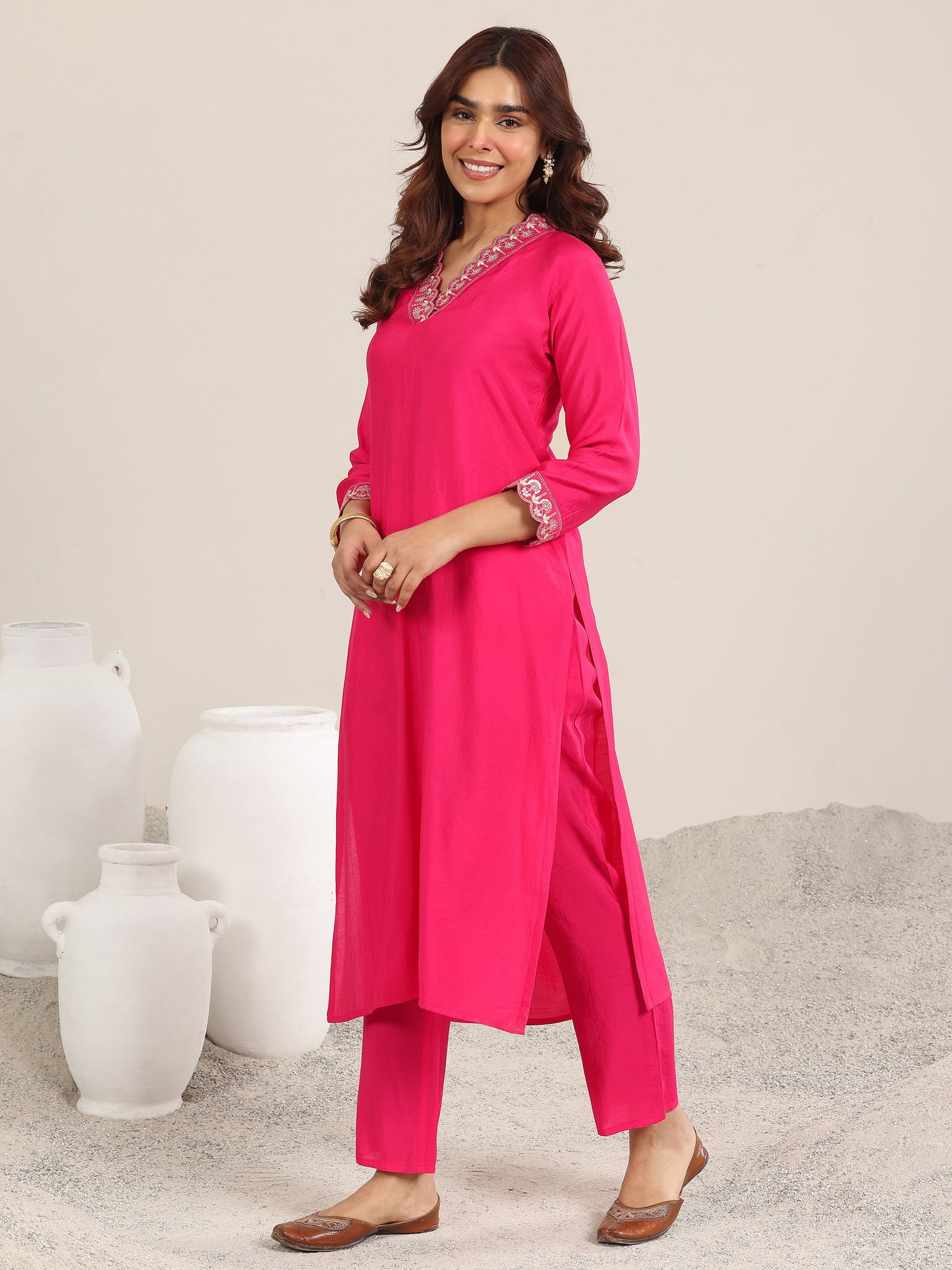 Pink Yoke Design Silk Blend Straight Suit With Dupatta