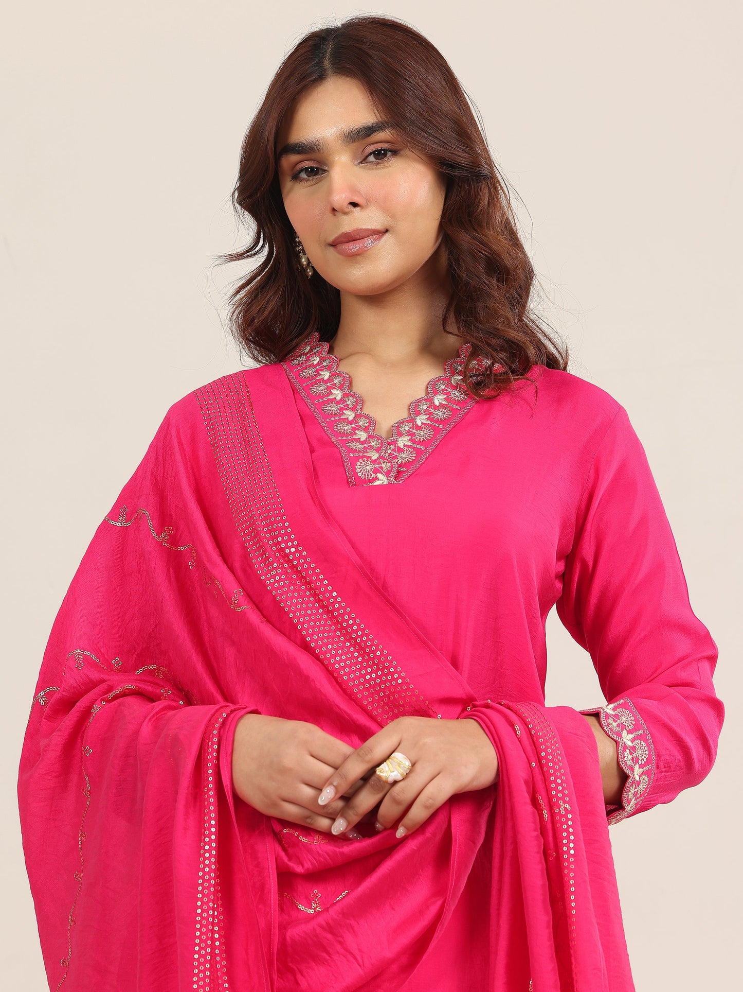 Pink Yoke Design Silk Blend Straight Suit With Dupatta