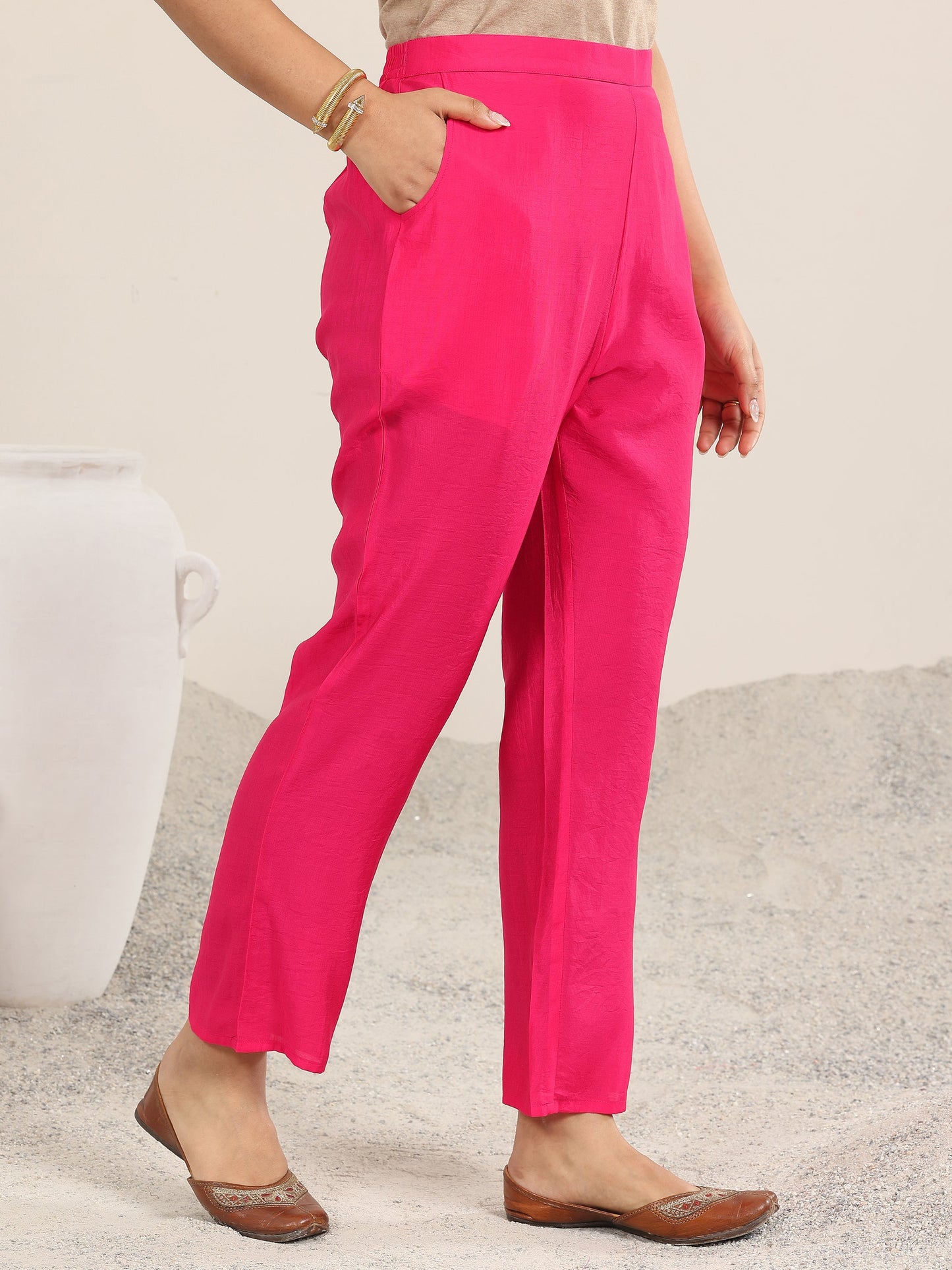 Pink Yoke Design Silk Blend Straight Suit With Dupatta