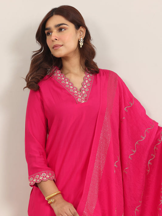 Pink Yoke Design Silk Blend Straight Suit With Dupatta