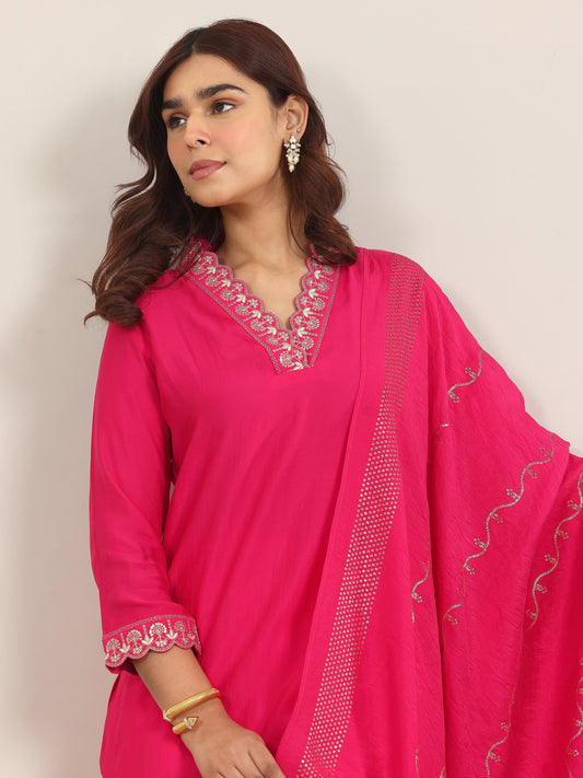 Pink Yoke Design Silk Blend Straight Suit With Dupatta