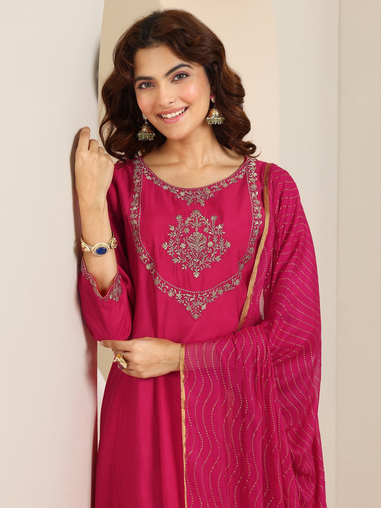 Pink Yoke Design Silk Blend A-Line Suit Set With Dupatta