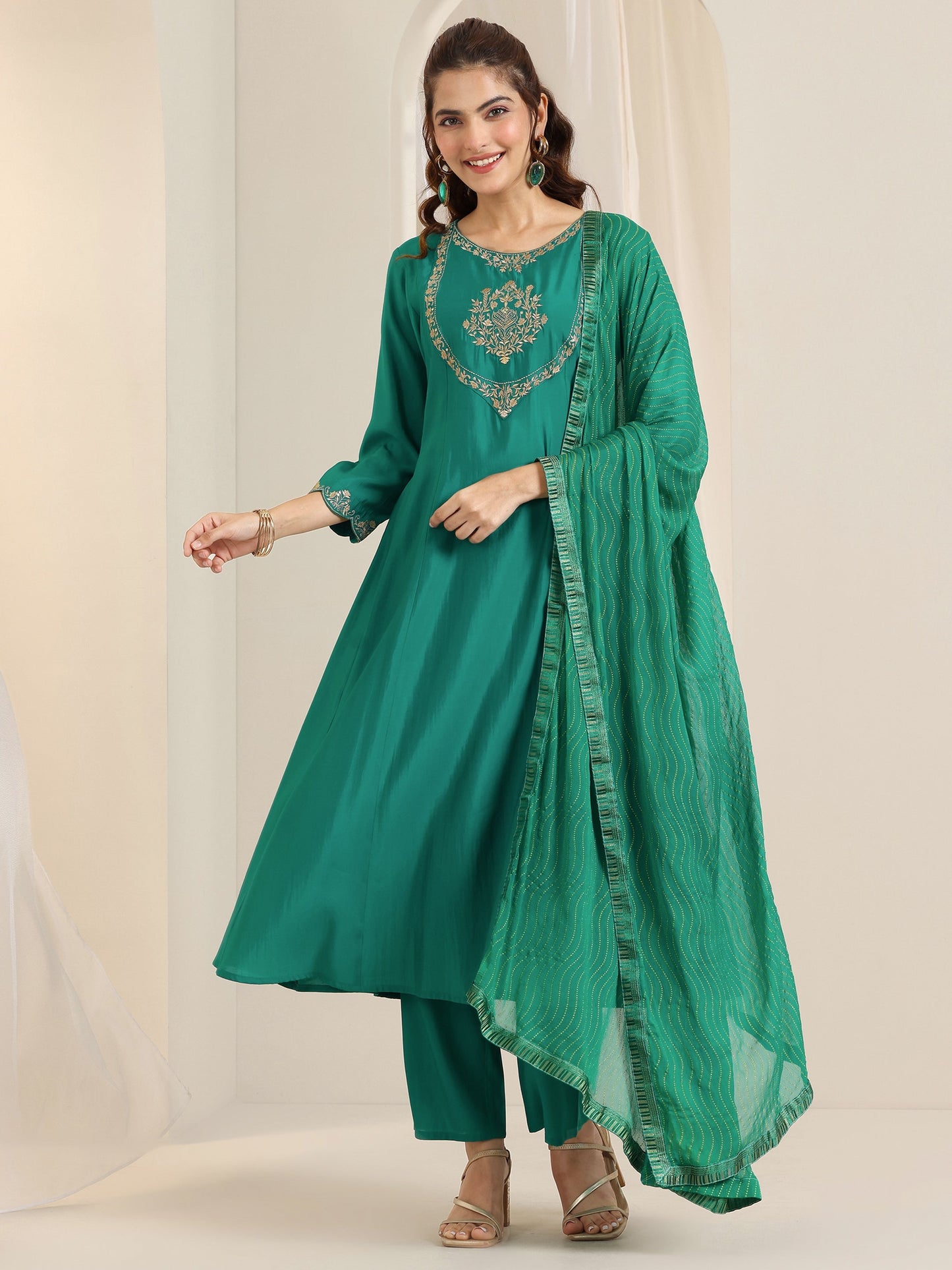 Teal Yoke Design Silk Blend A-Line Suit Set With Dupatta