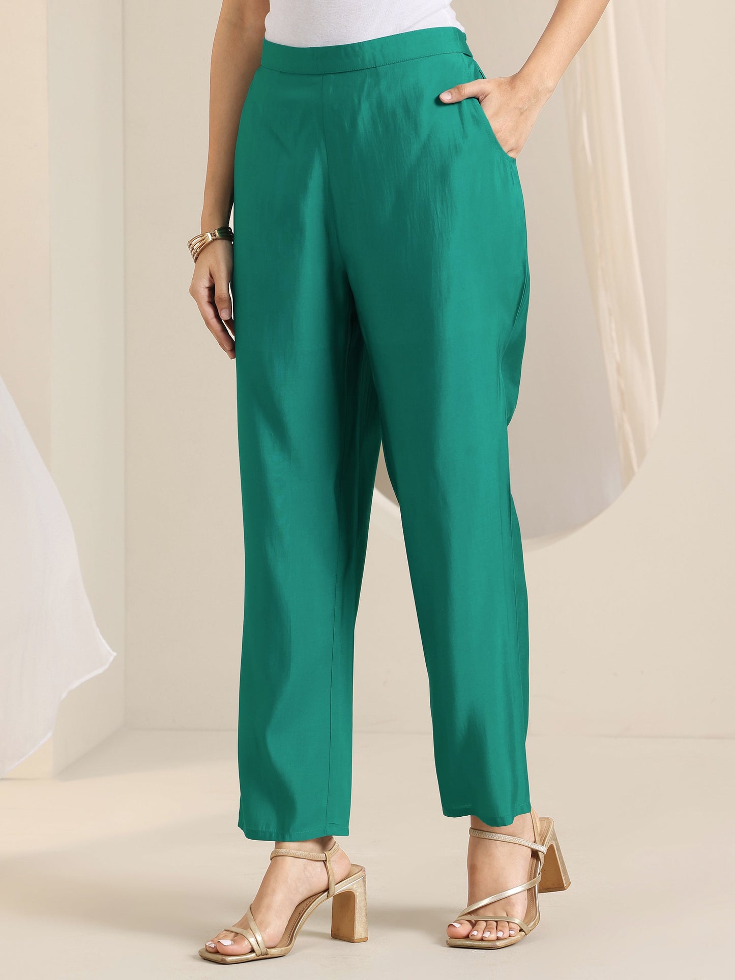 Teal Yoke Design Silk Blend A-Line Suit Set With Dupatta