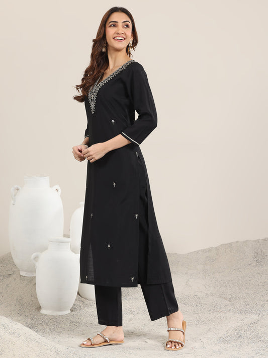 Black Embroidered Silk Blend Straight Suit With Dupatta