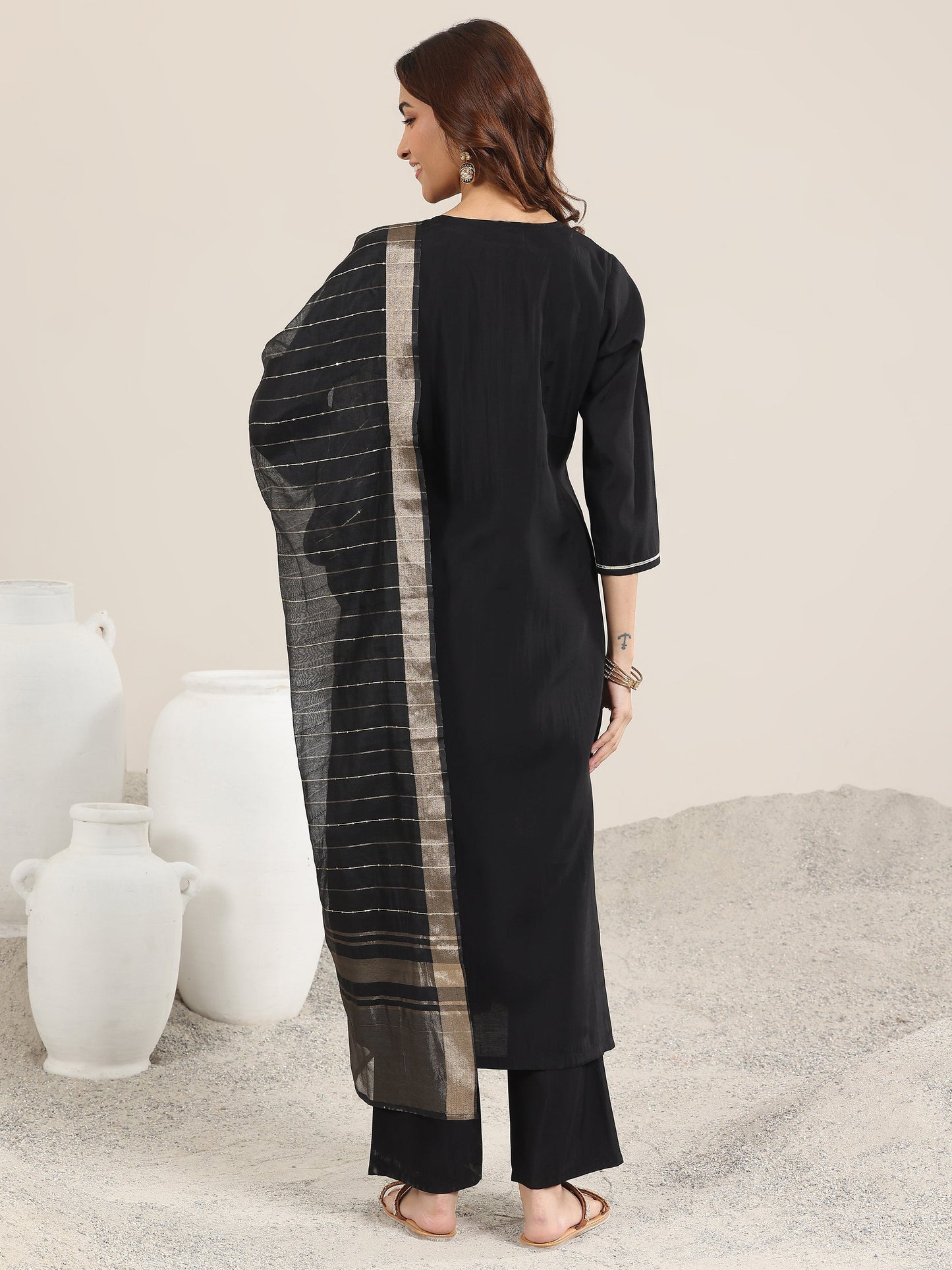 Black Embroidered Silk Blend Straight Suit With Dupatta