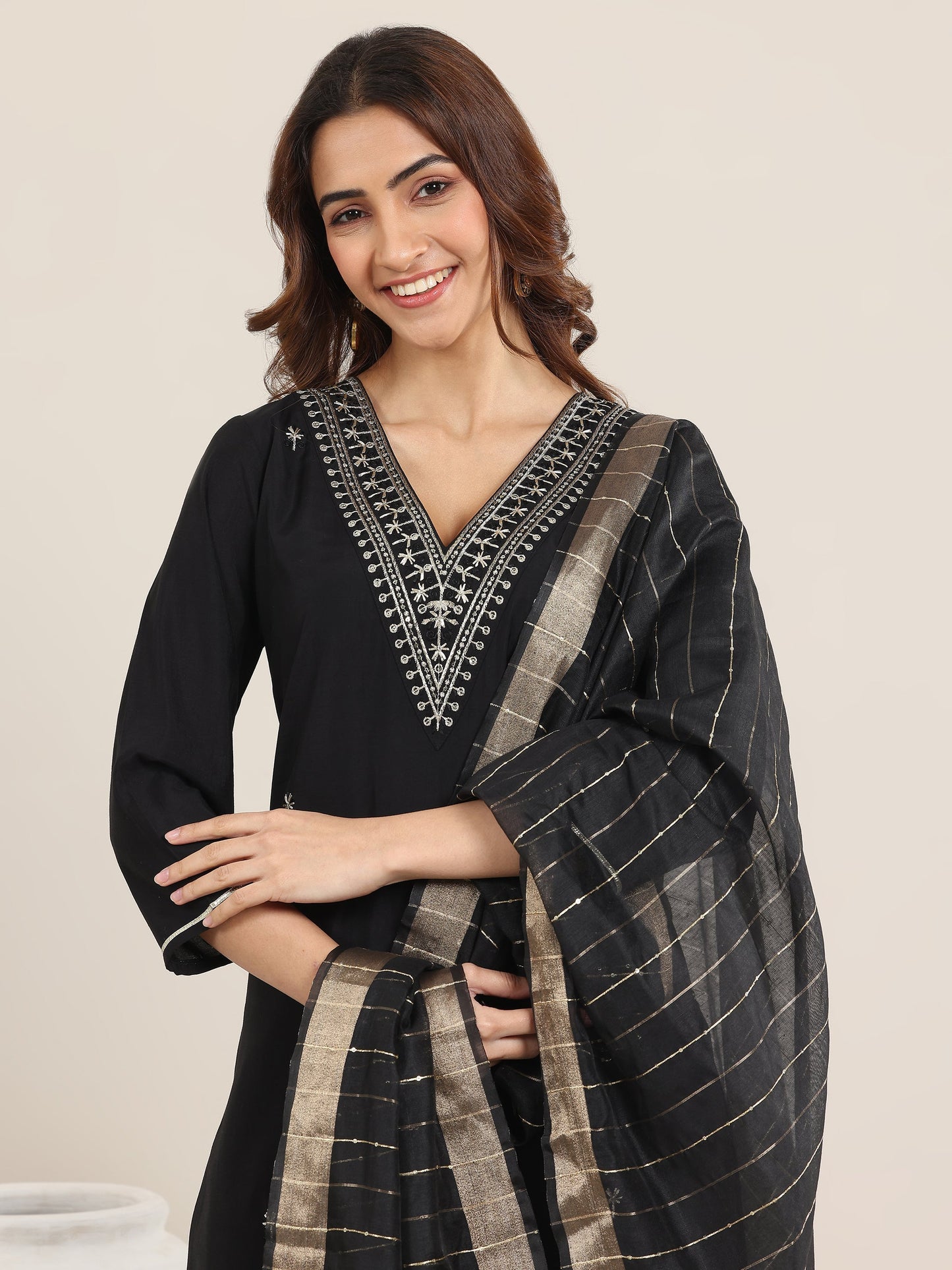 Black Embroidered Silk Blend Straight Suit With Dupatta