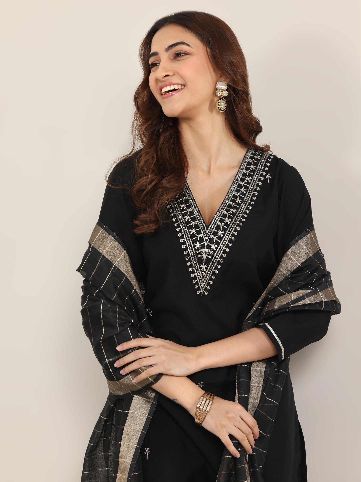 Black Embroidered Silk Blend Straight Suit With Dupatta