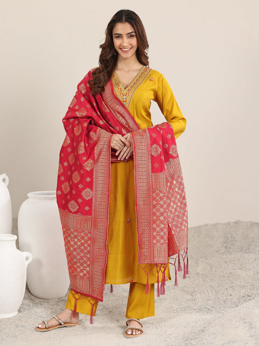 Mustard Embroidered Silk Blend Straight Suit With Dupatta