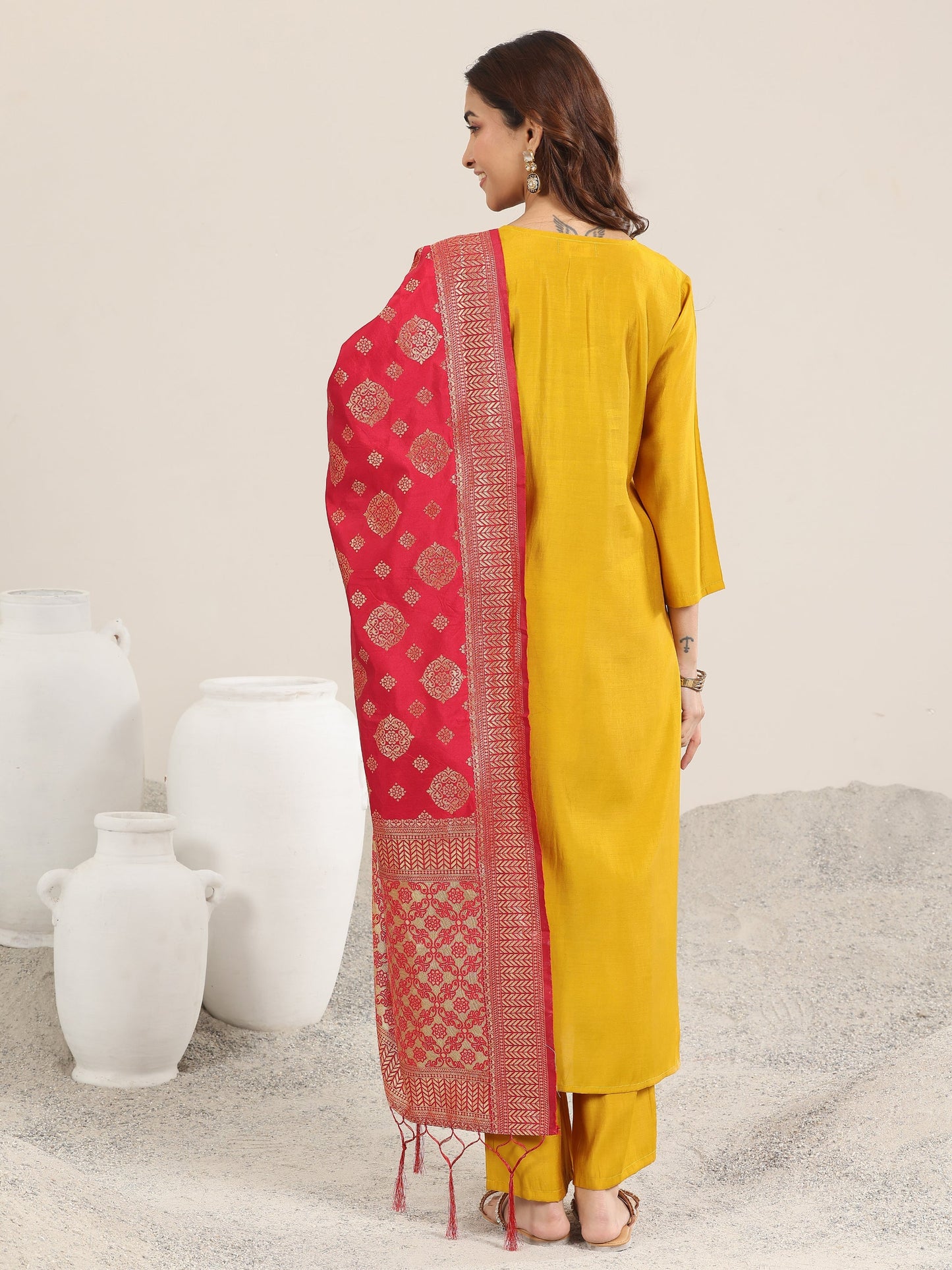 Mustard Embroidered Silk Blend Straight Suit With Dupatta