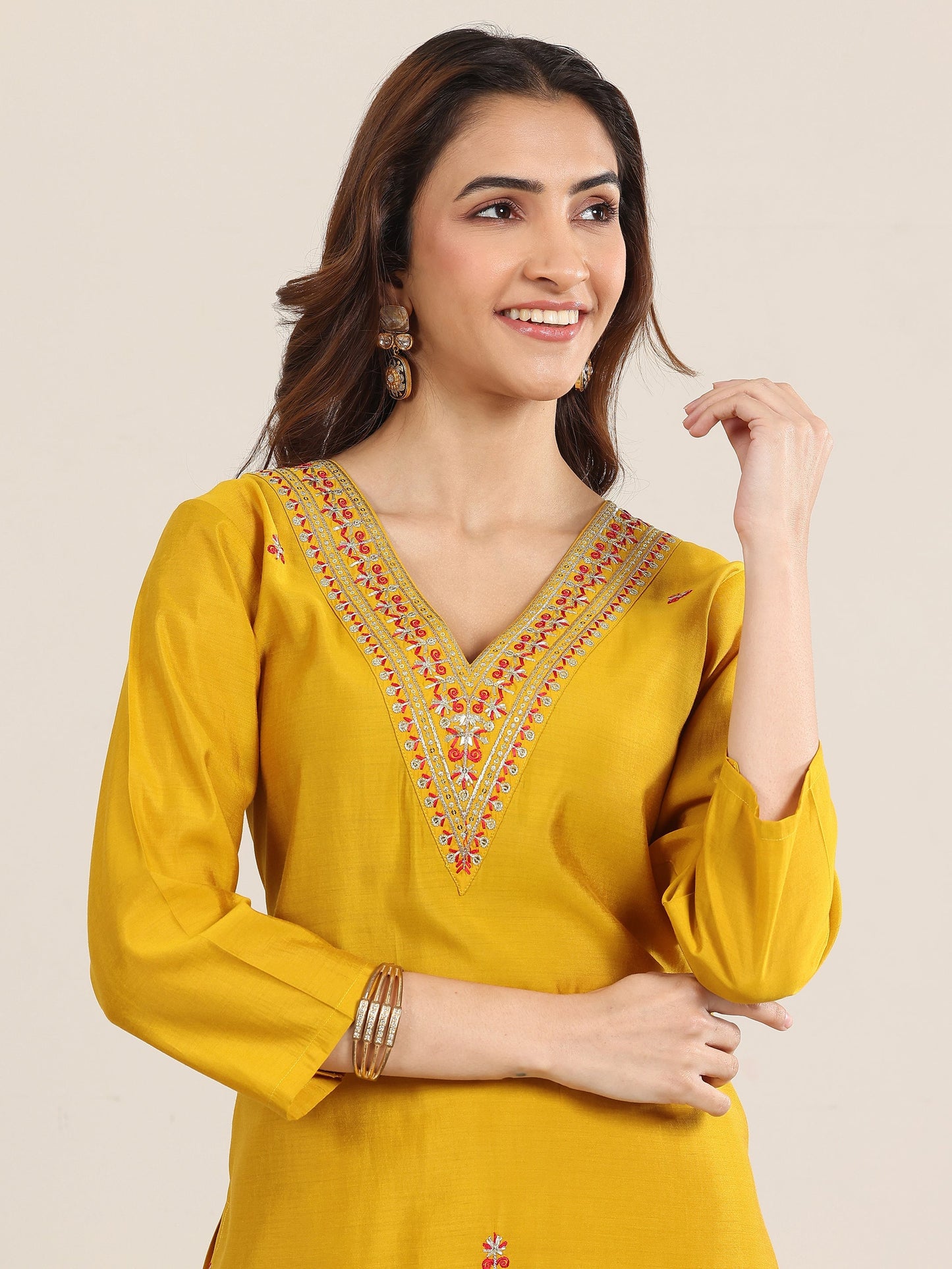 Mustard Embroidered Silk Blend Straight Suit With Dupatta