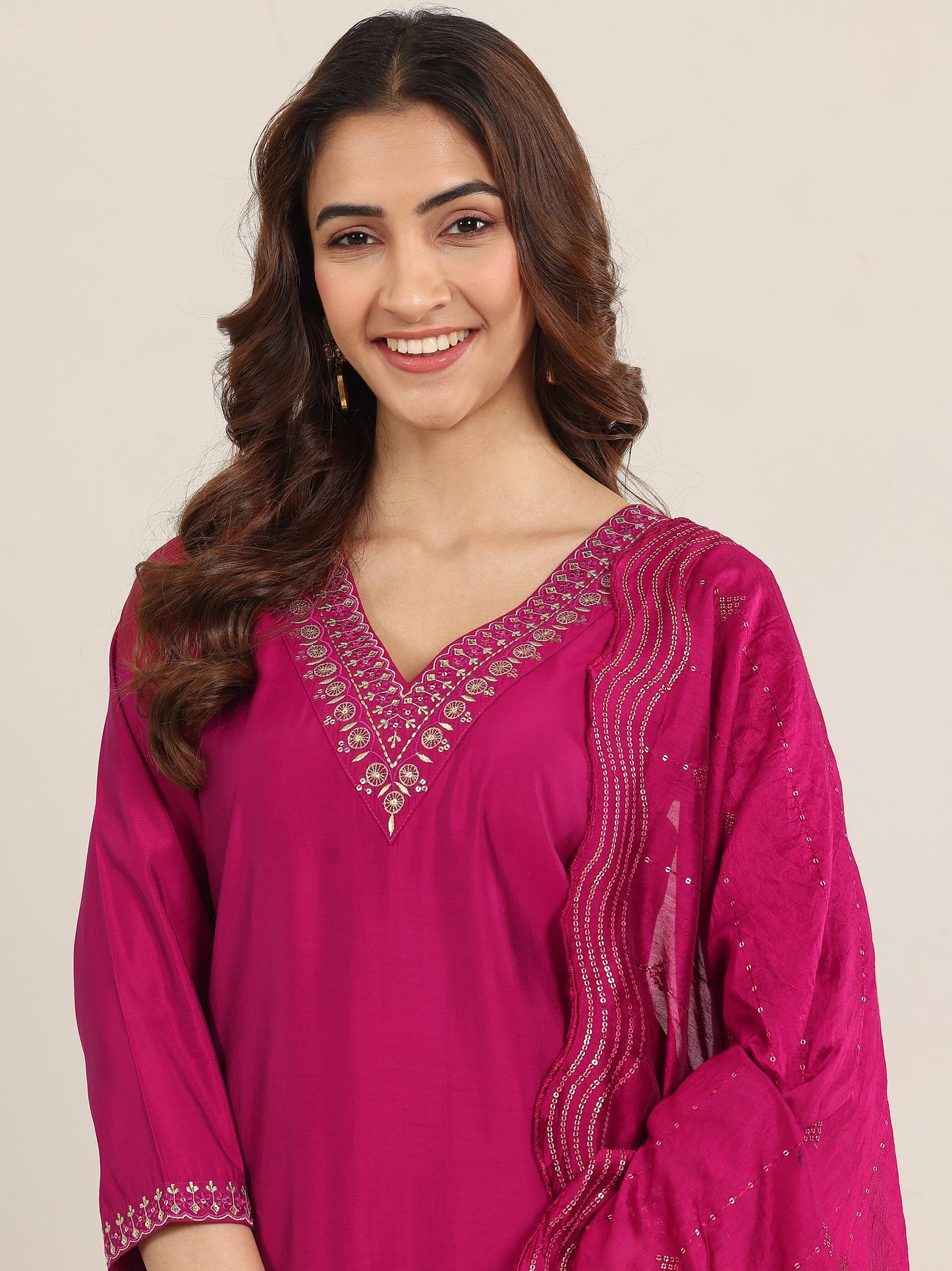 Burgundy Yoke Design Silk Blend Straight Suit With Dupatta