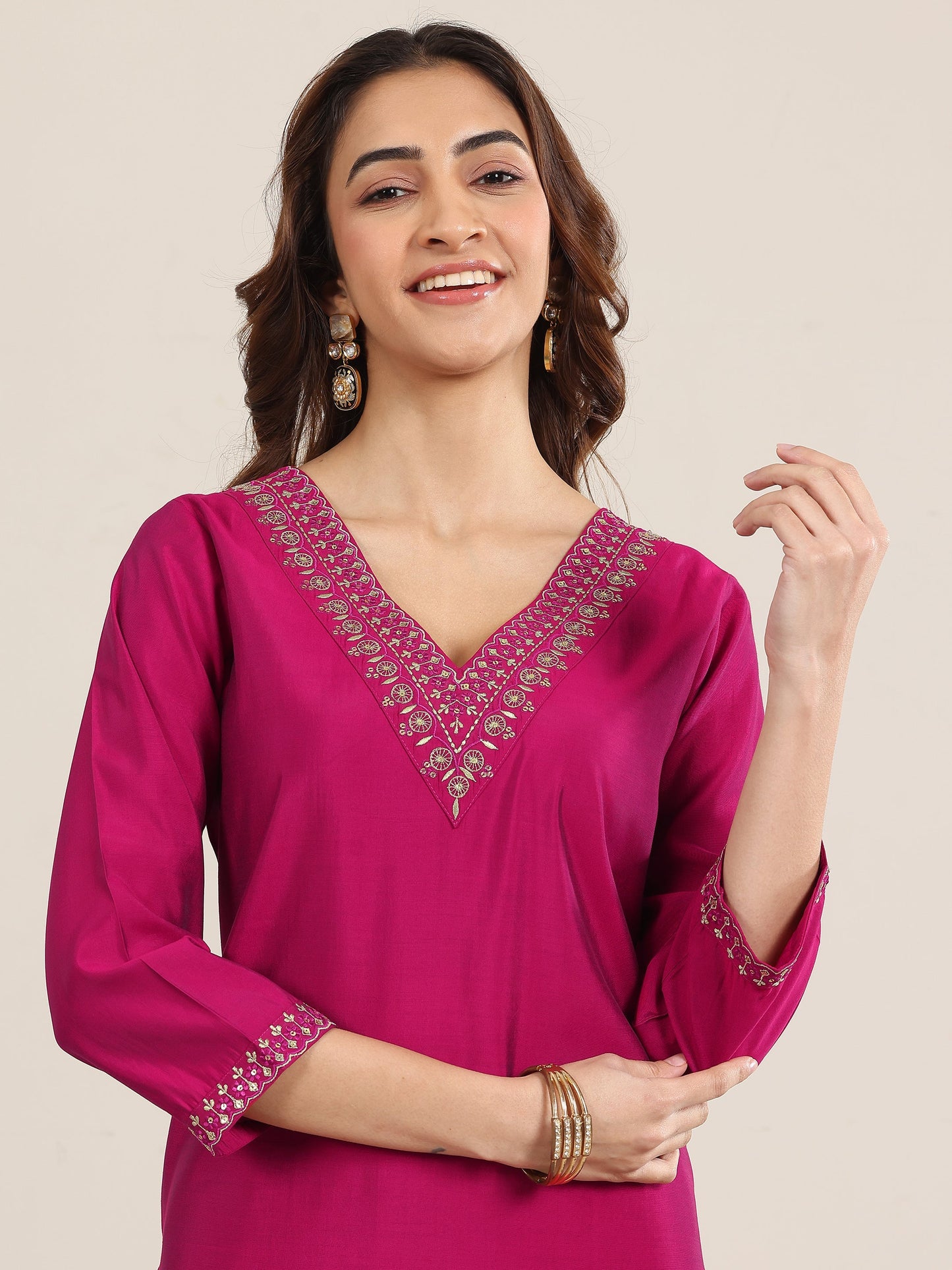 Burgundy Yoke Design Silk Blend Straight Suit With Dupatta