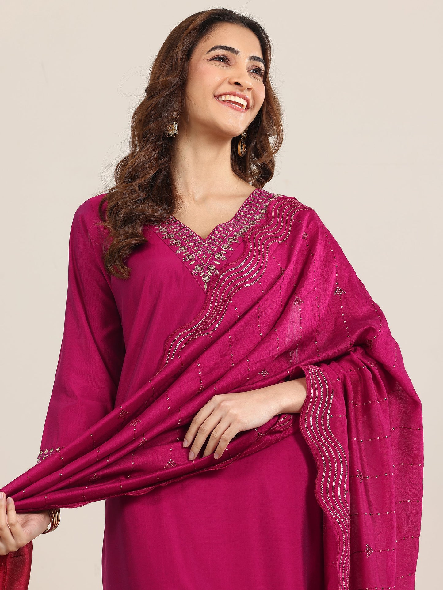 Burgundy Yoke Design Silk Blend Straight Suit With Dupatta
