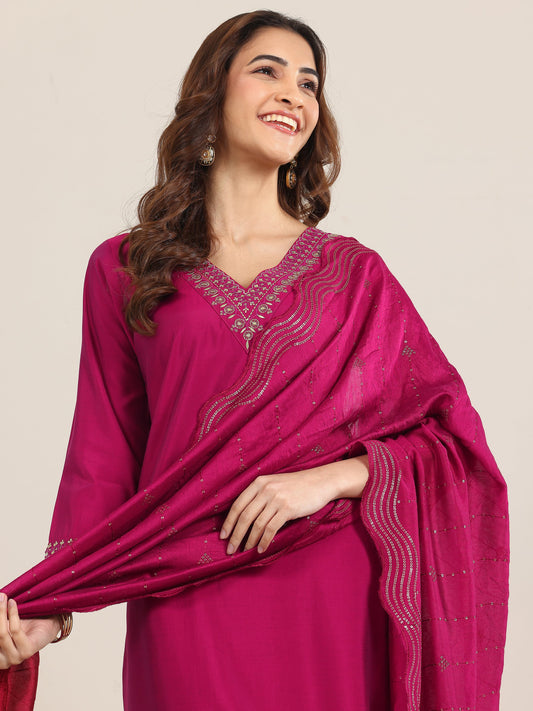 Burgundy Yoke Design Silk Blend Straight Suit With Dupatta