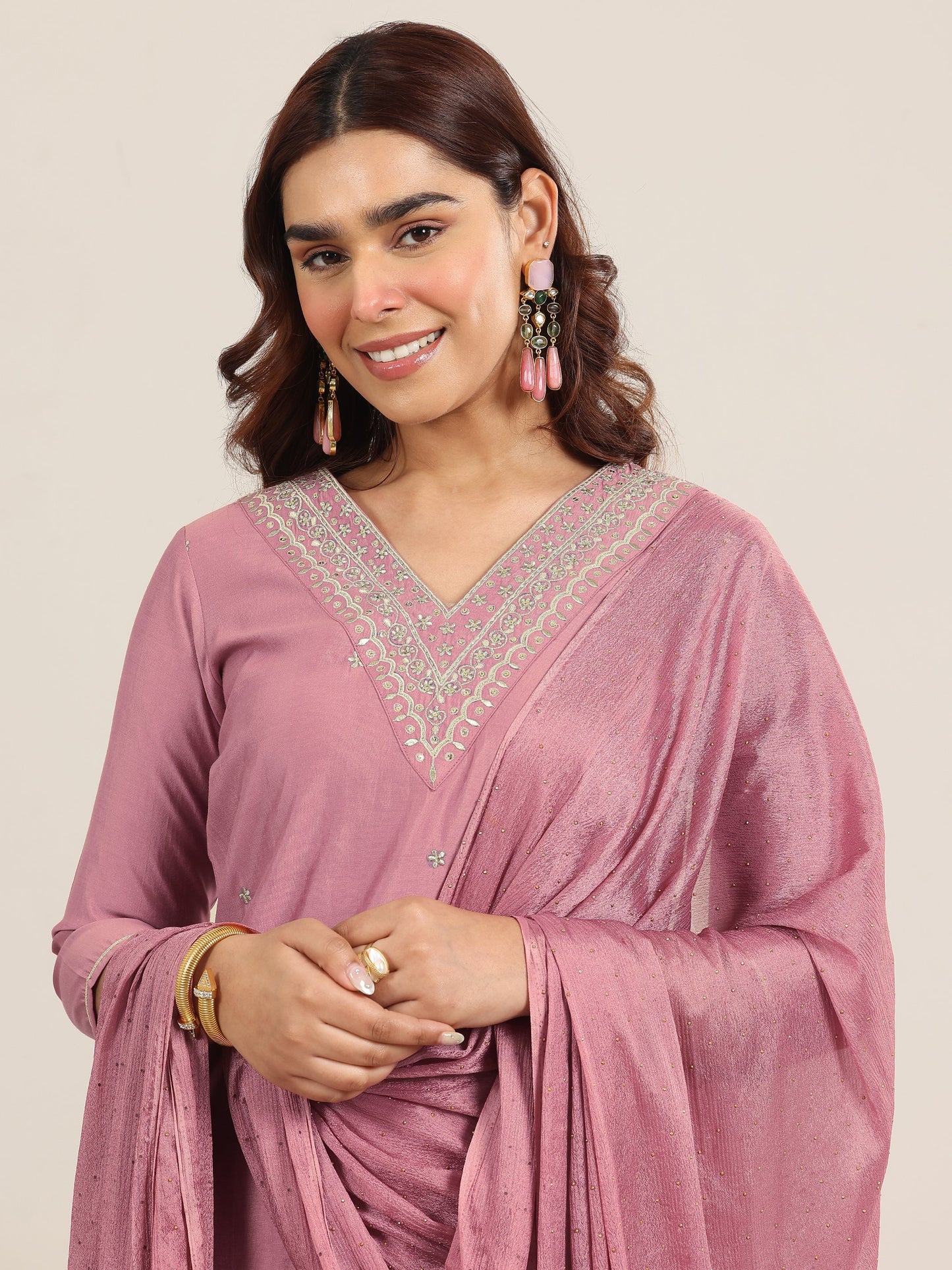 Mauve Embroidered Silk Blend Straight Suit With Dupatta