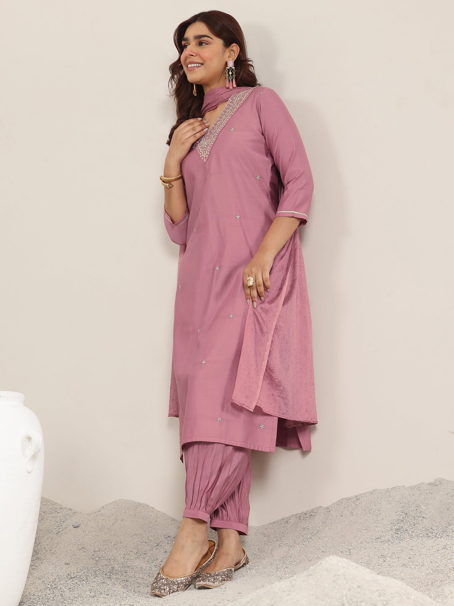 Mauve Embroidered Silk Blend Straight Suit With Dupatta