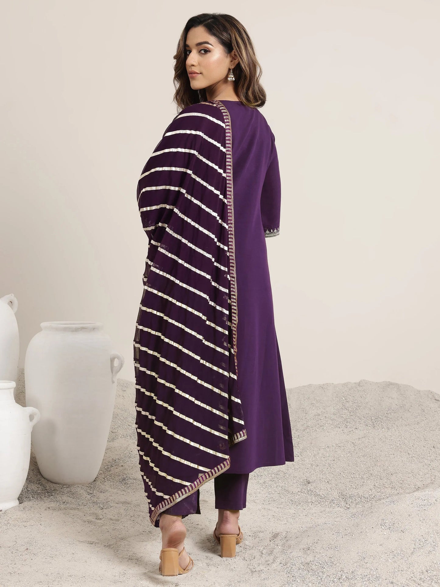 Burgundy Embroidered Silk Blend A-Line Suit Set With Dupatta