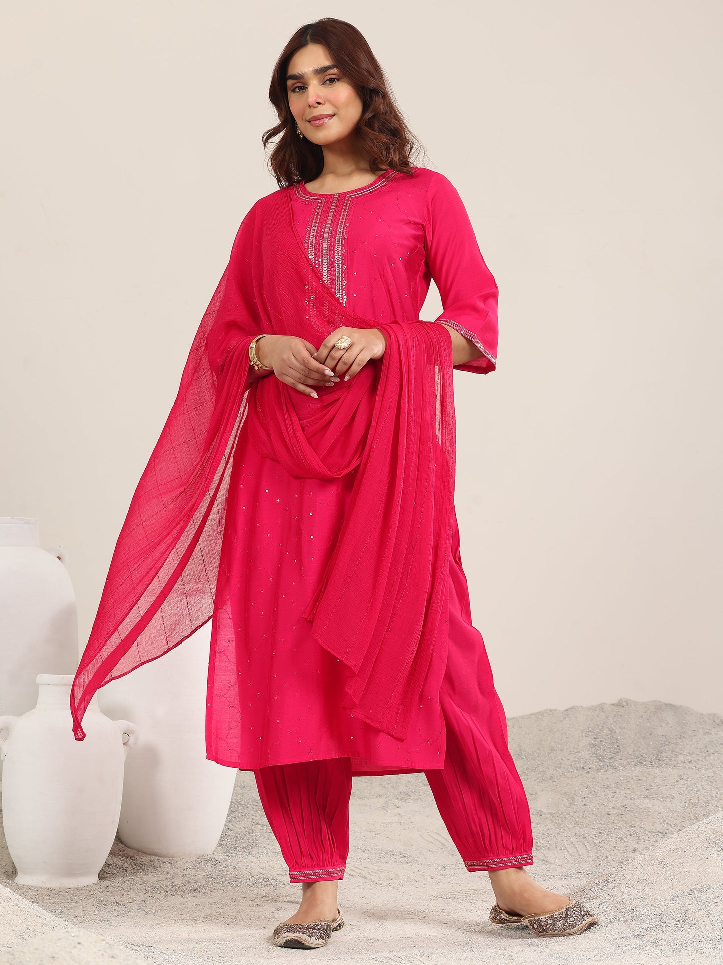 Pink Embellished Silk Blend Straight Suit With Dupatta