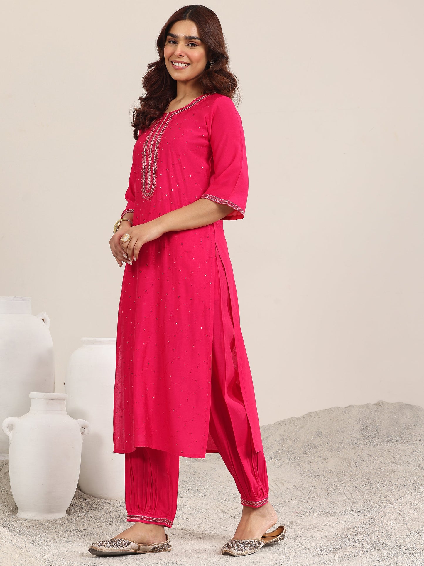 Pink Embellished Silk Blend Straight Suit With Dupatta